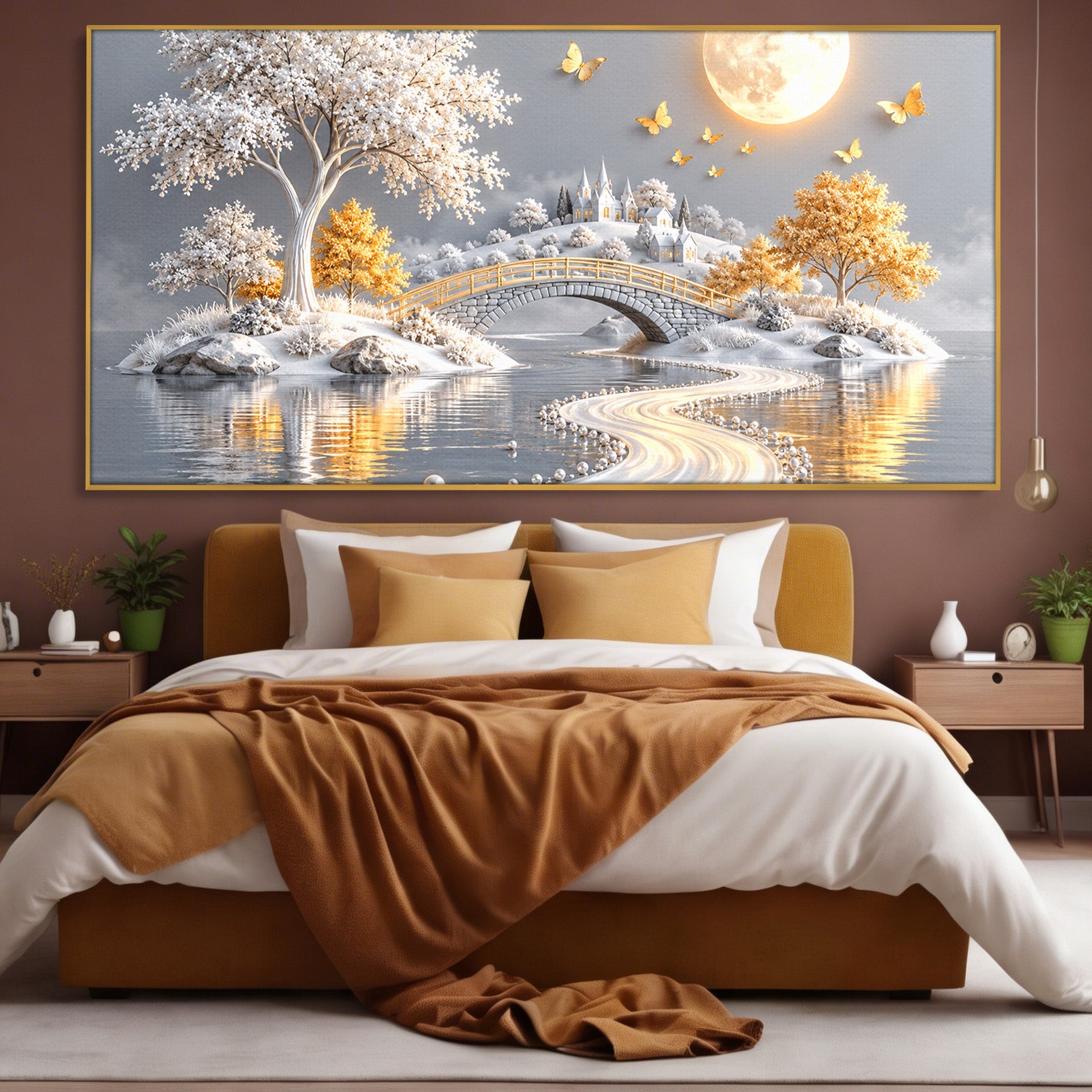 Tablou Canvas Premium LuxCanva® U1188, Peisaj Feeric Lunar, Pod, Arbori, Fantezie, Luna, Peisaj, Living, Dormitor, Culori Vibrante