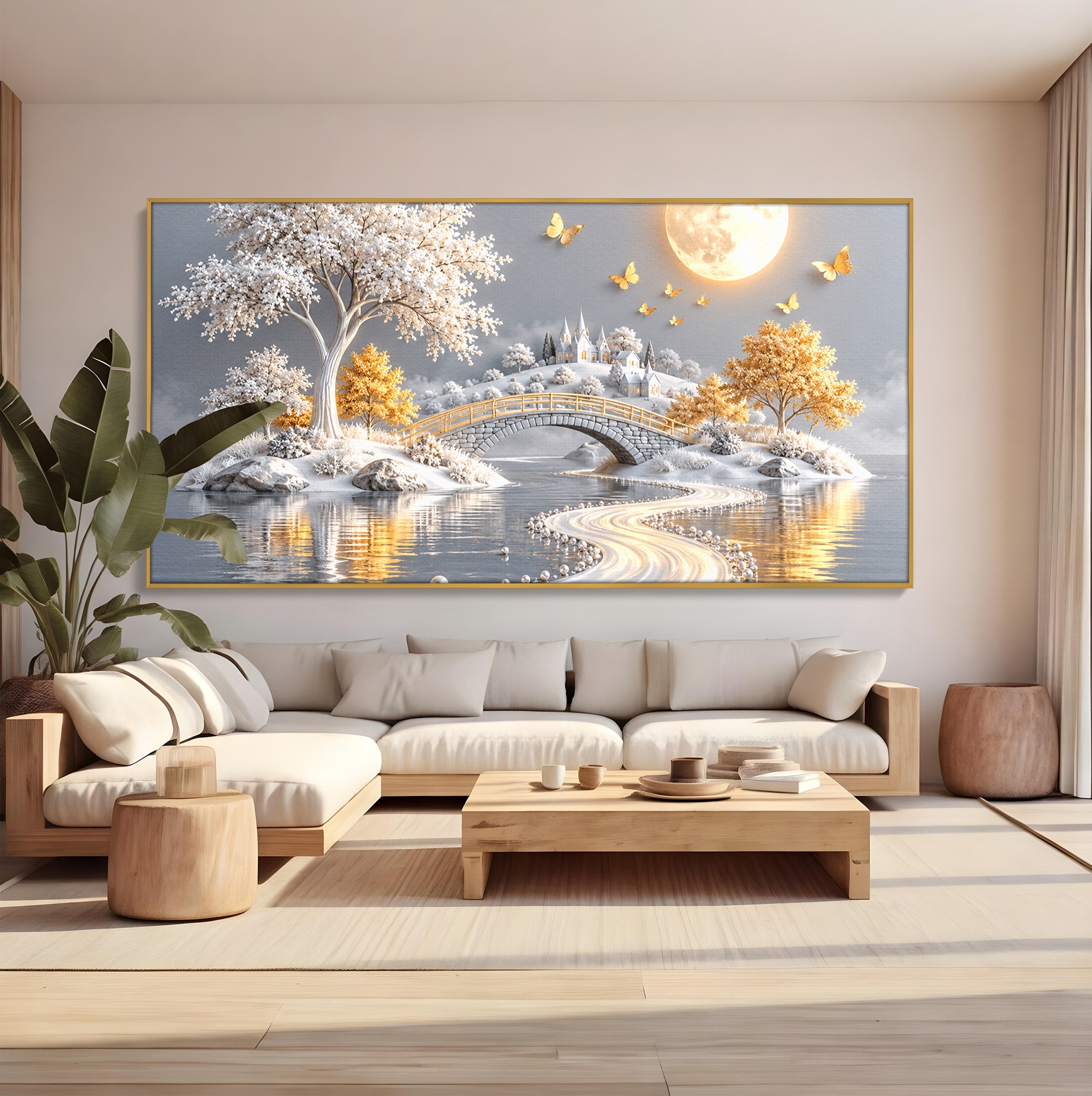 Tablou Canvas Premium LuxCanva® U1188, Peisaj Feeric Lunar, Pod, Arbori, Fantezie, Luna, Peisaj, Living, Dormitor, Culori Vibrante