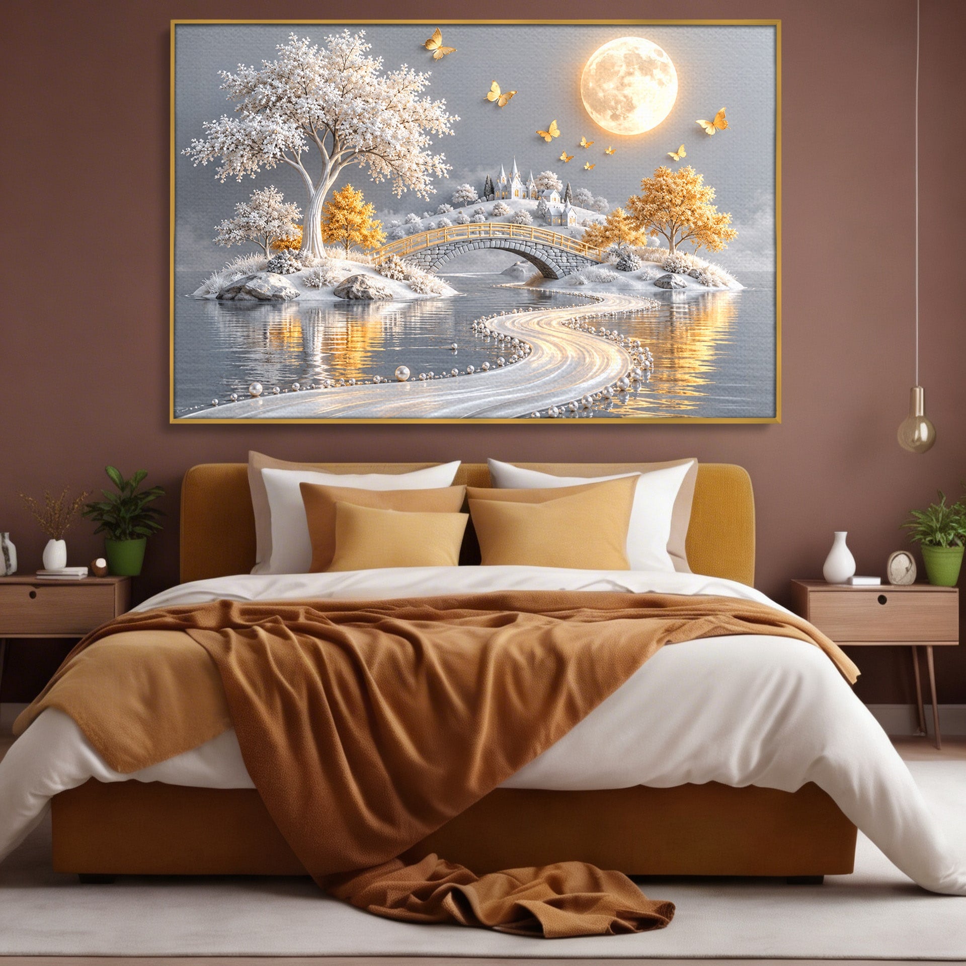 Tablou Canvas Premium LuxCanva® U1188, Peisaj Feeric Lunar, Pod, Arbori, Fantezie, Luna, Peisaj, Living, Dormitor, Culori Vibrante
