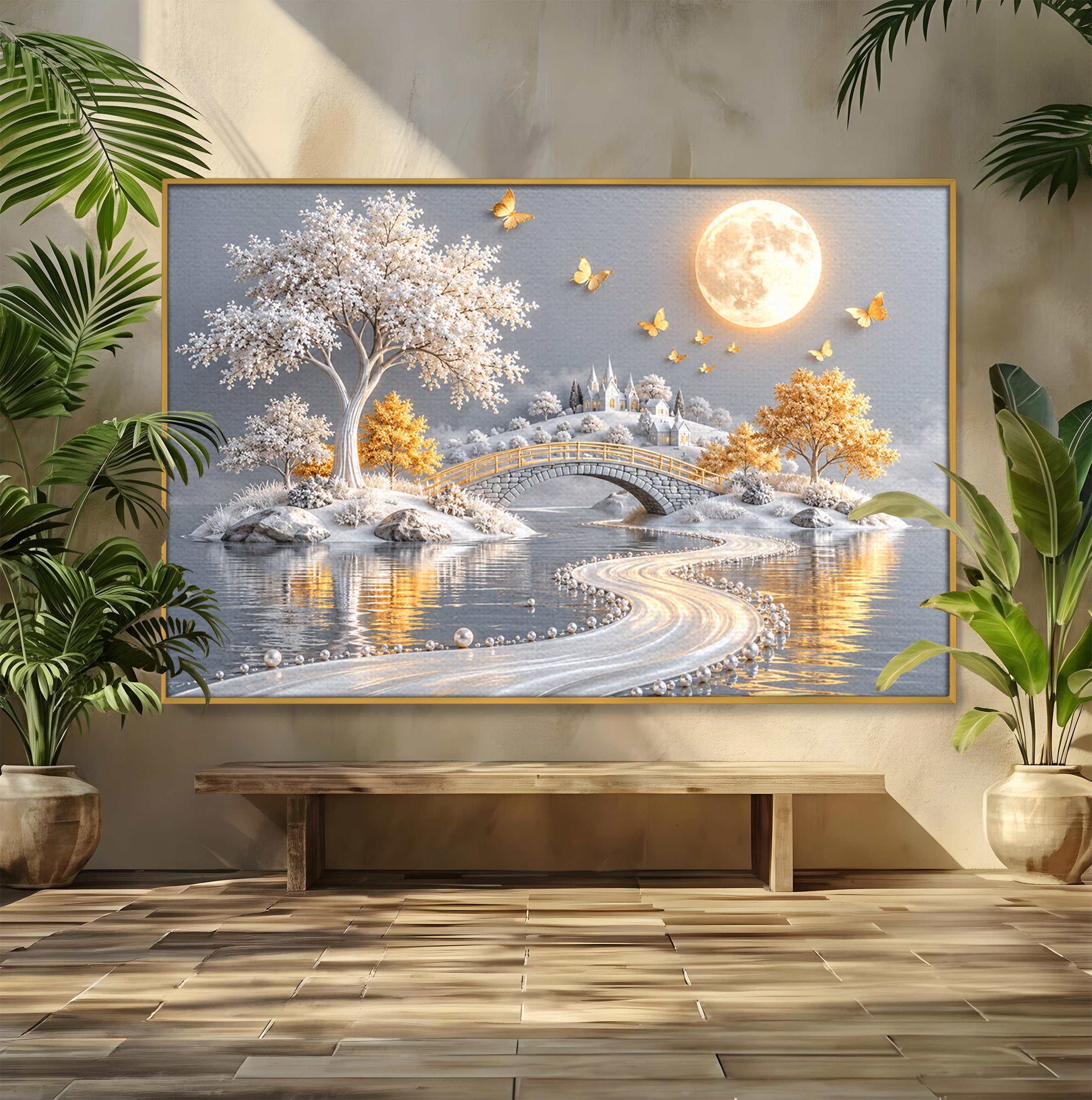 Tablou Canvas Premium LuxCanva® U1188, Peisaj Feeric Lunar, Pod, Arbori, Fantezie, Luna, Peisaj, Living, Dormitor, Culori Vibrante