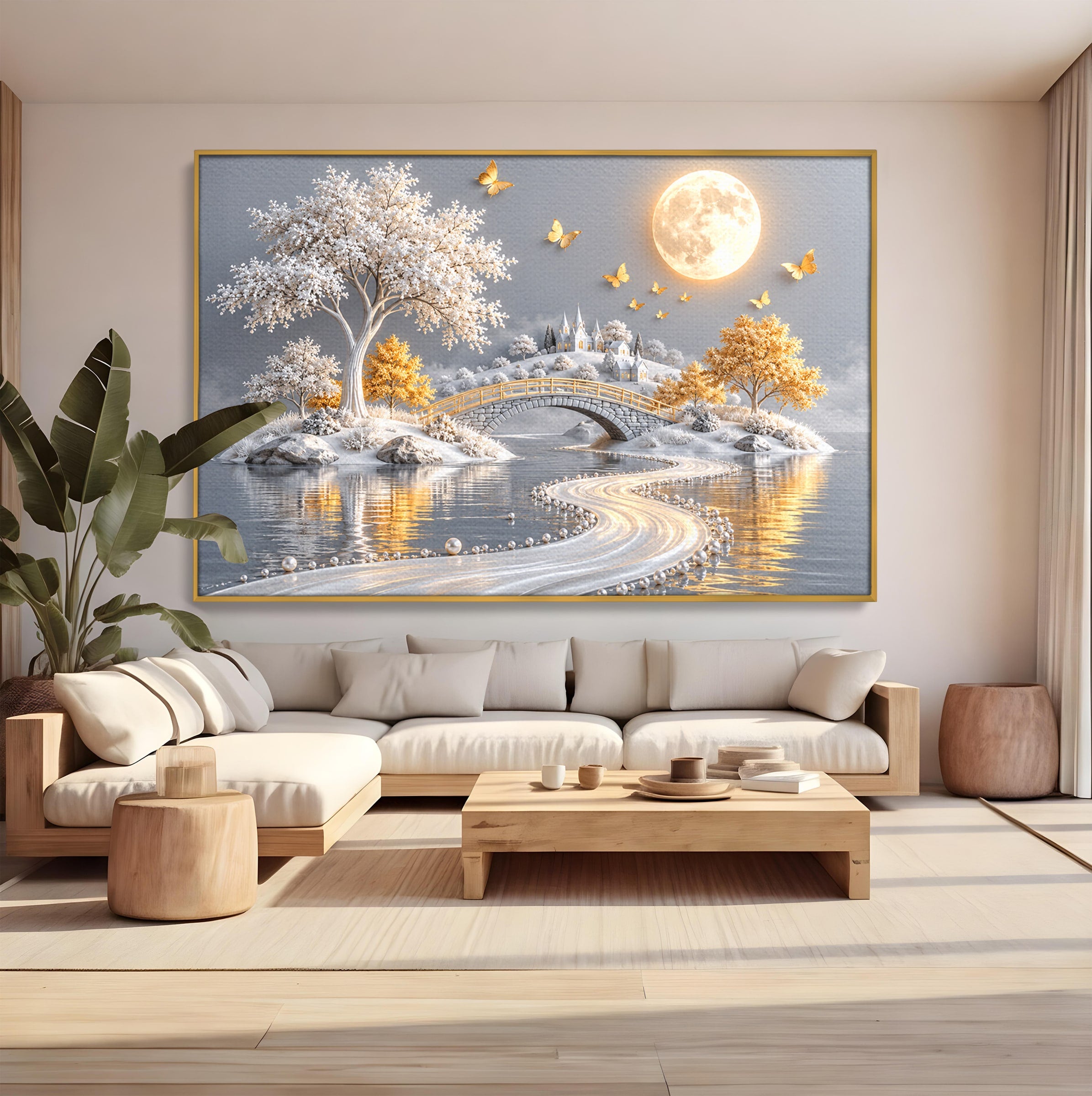 Tablou Canvas Premium LuxCanva® U1188, Peisaj Feeric Lunar, Pod, Arbori, Fantezie, Luna, Peisaj, Living, Dormitor, Culori Vibrante