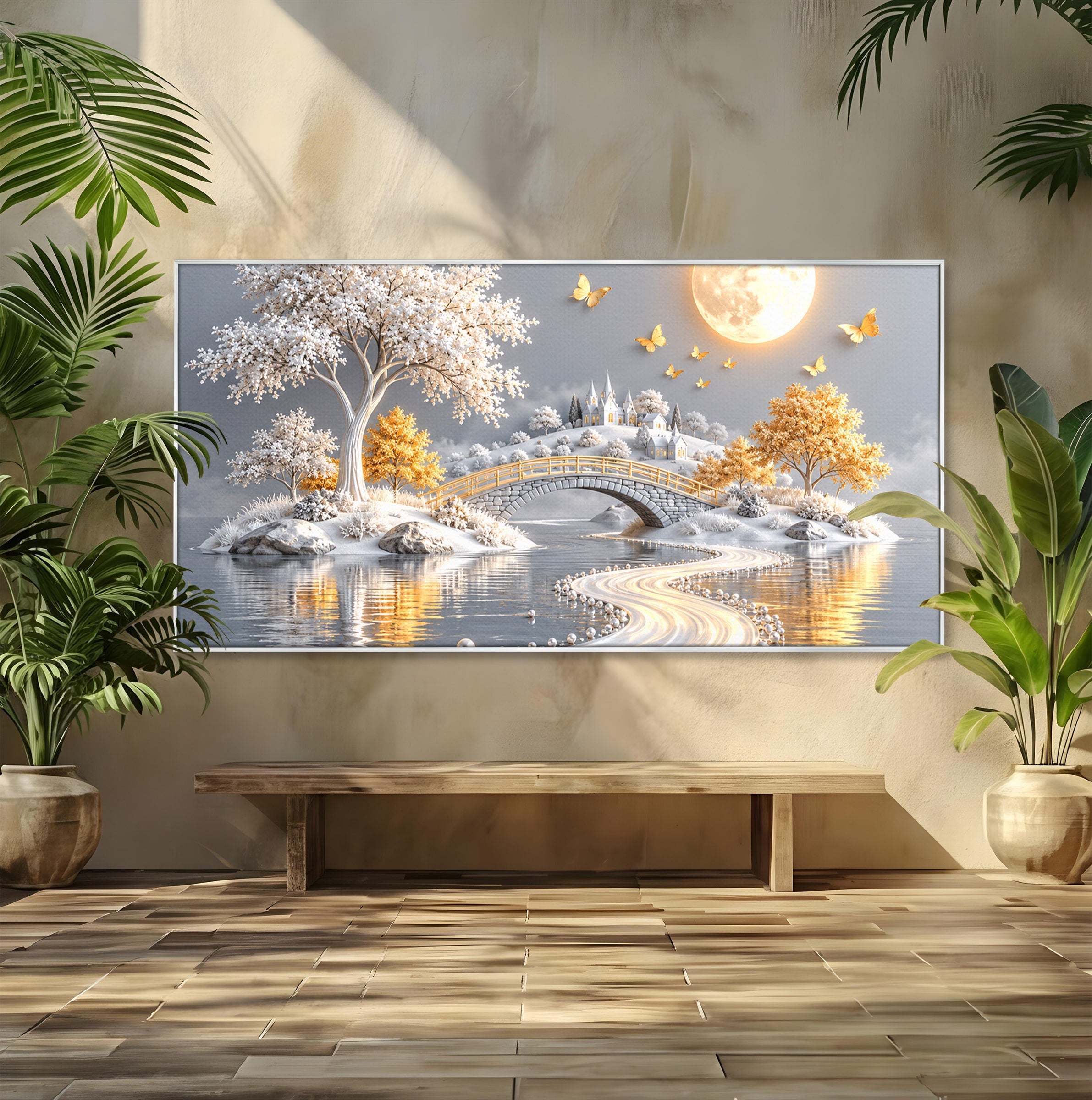 Tablou Canvas Premium LuxCanva® U1188, Peisaj Feeric Lunar, Pod, Arbori, Fantezie, Luna, Peisaj, Living, Dormitor, Culori Vibrante
