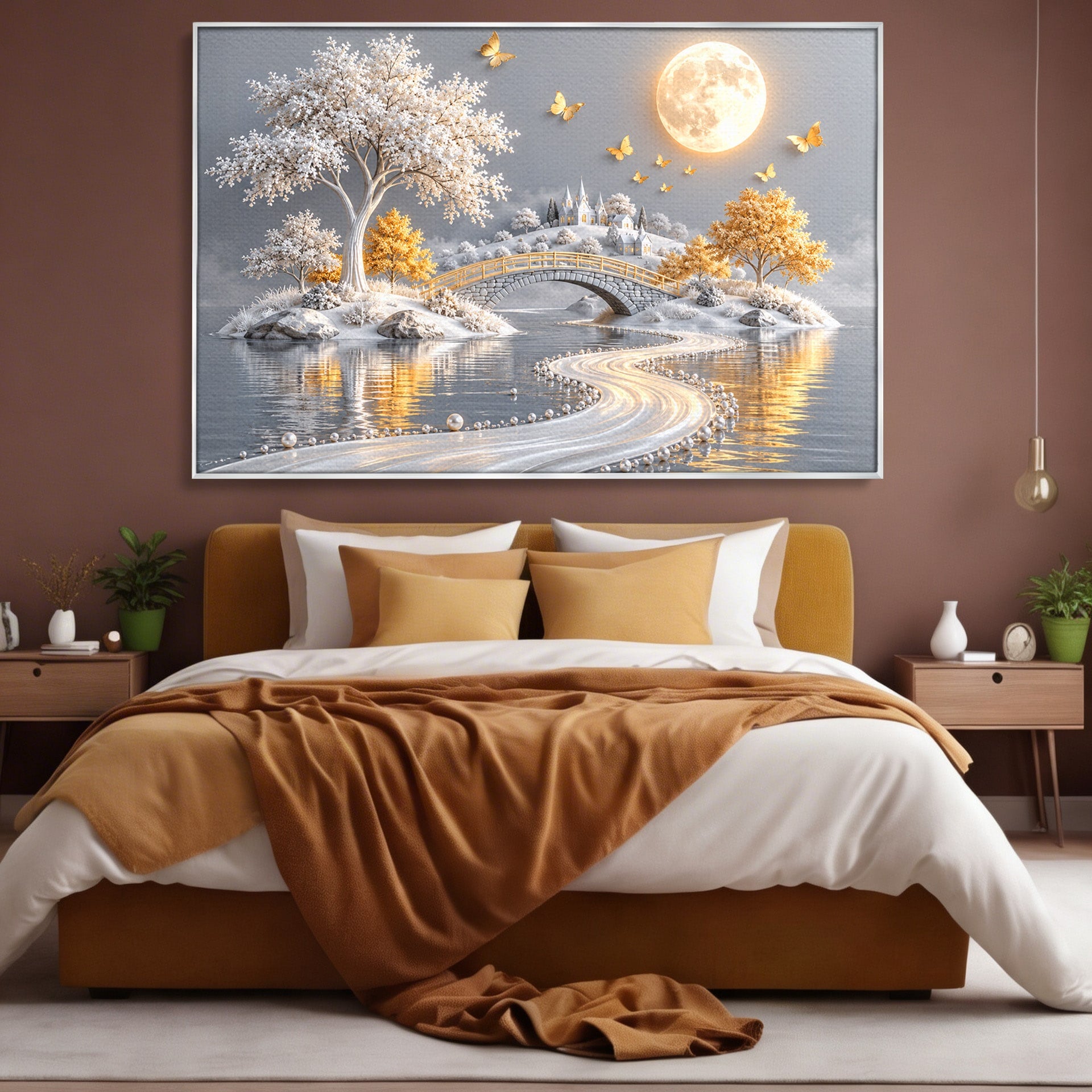 Tablou Canvas Premium LuxCanva® U1188, Peisaj Feeric Lunar, Pod, Arbori, Fantezie, Luna, Peisaj, Living, Dormitor, Culori Vibrante