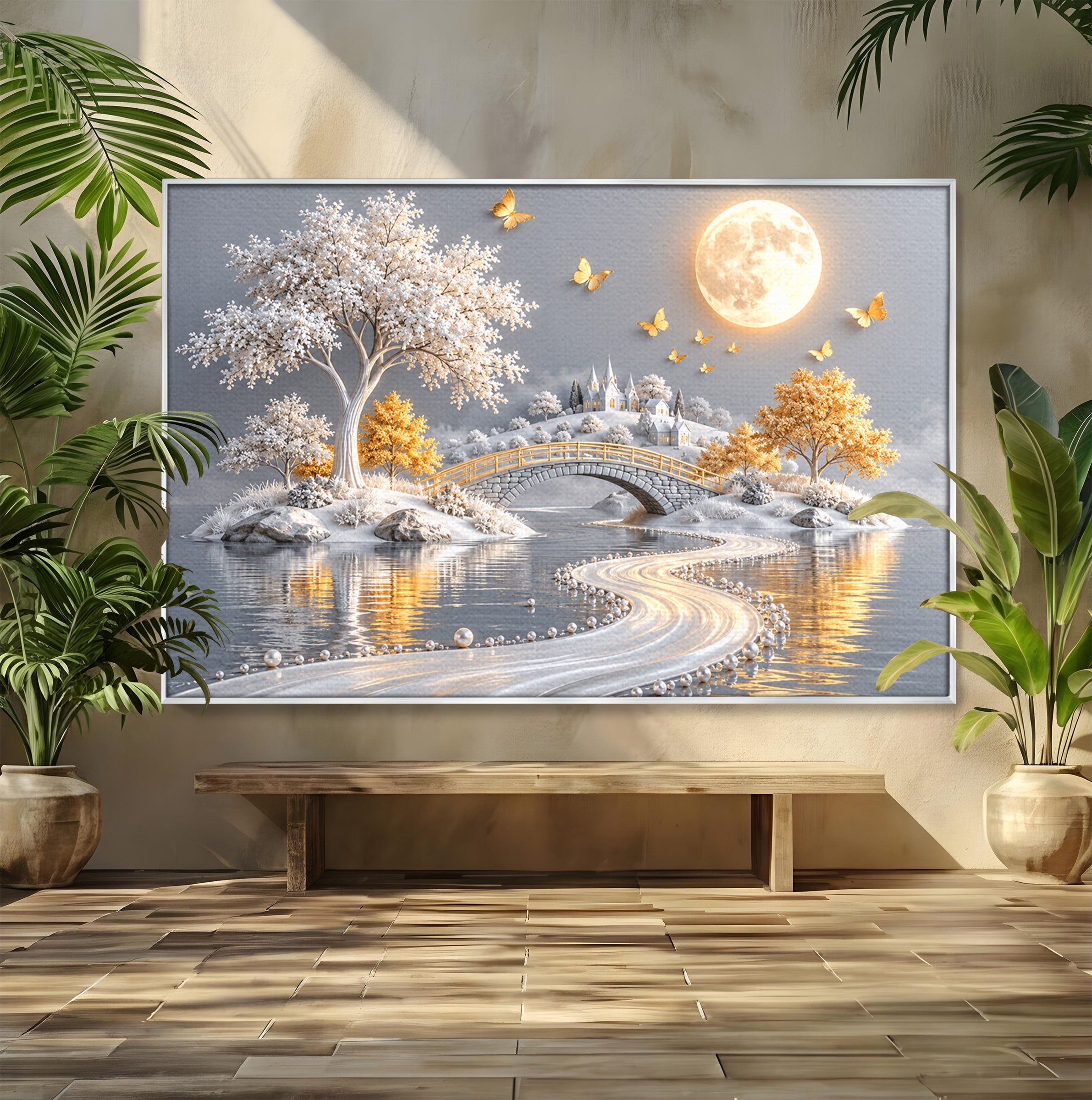 Tablou Canvas Premium LuxCanva® U1188, Peisaj Feeric Lunar, Pod, Arbori, Fantezie, Luna, Peisaj, Living, Dormitor, Culori Vibrante