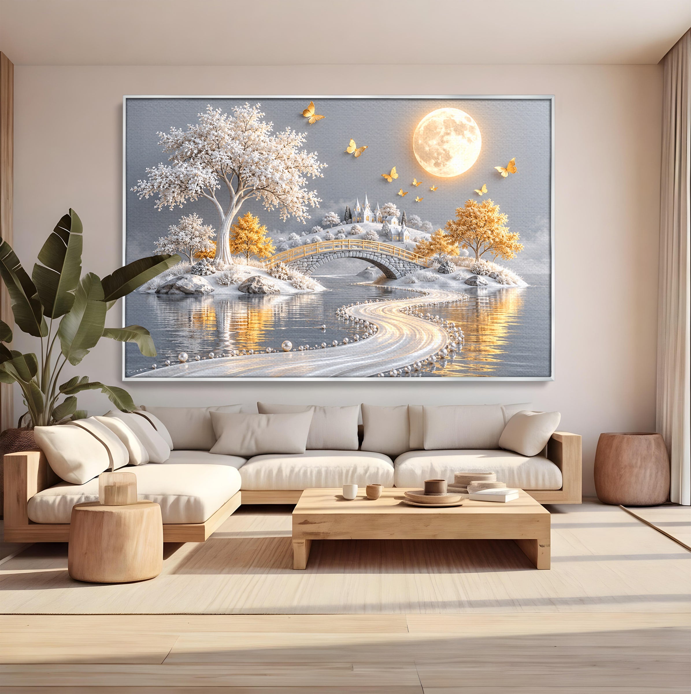 Tablou Canvas Premium LuxCanva® U1188, Peisaj Feeric Lunar, Pod, Arbori, Fantezie, Luna, Peisaj, Living, Dormitor, Culori Vibrante
