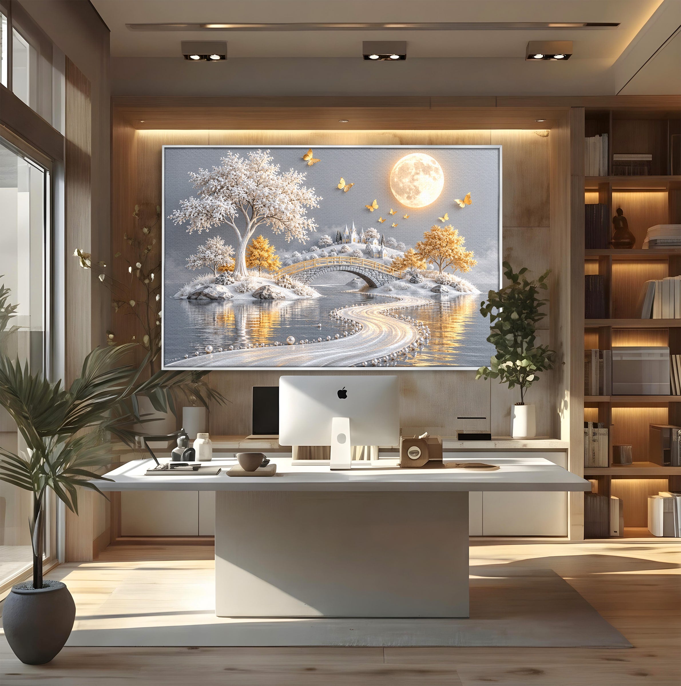 Tablou Canvas Premium LuxCanva® U1188, Peisaj Feeric Lunar, Pod, Arbori, Fantezie, Luna, Peisaj, Living, Dormitor, Culori Vibrante