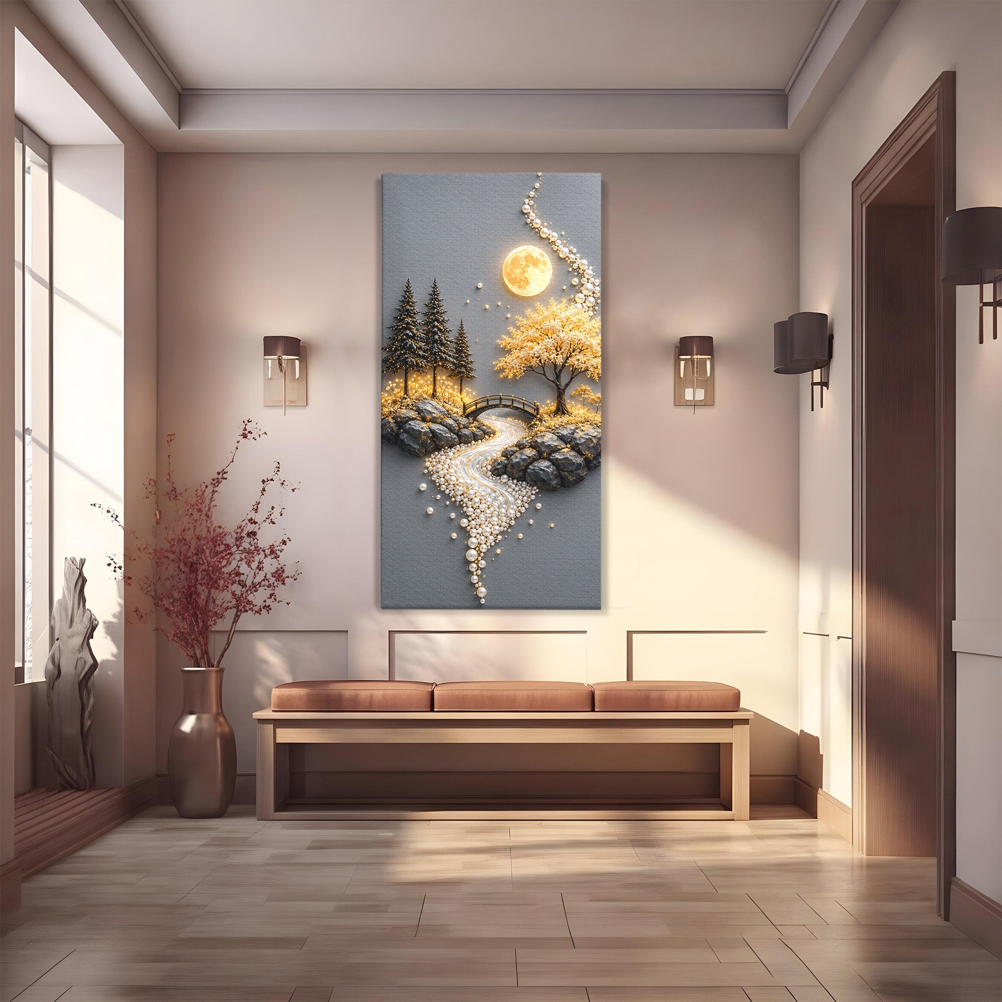 Tablou Canvas Premium LuxCanva® U1189, Peisaj Lunar, Copaci, Pod, Peisaj, Luna, Living, Culori Vibrante