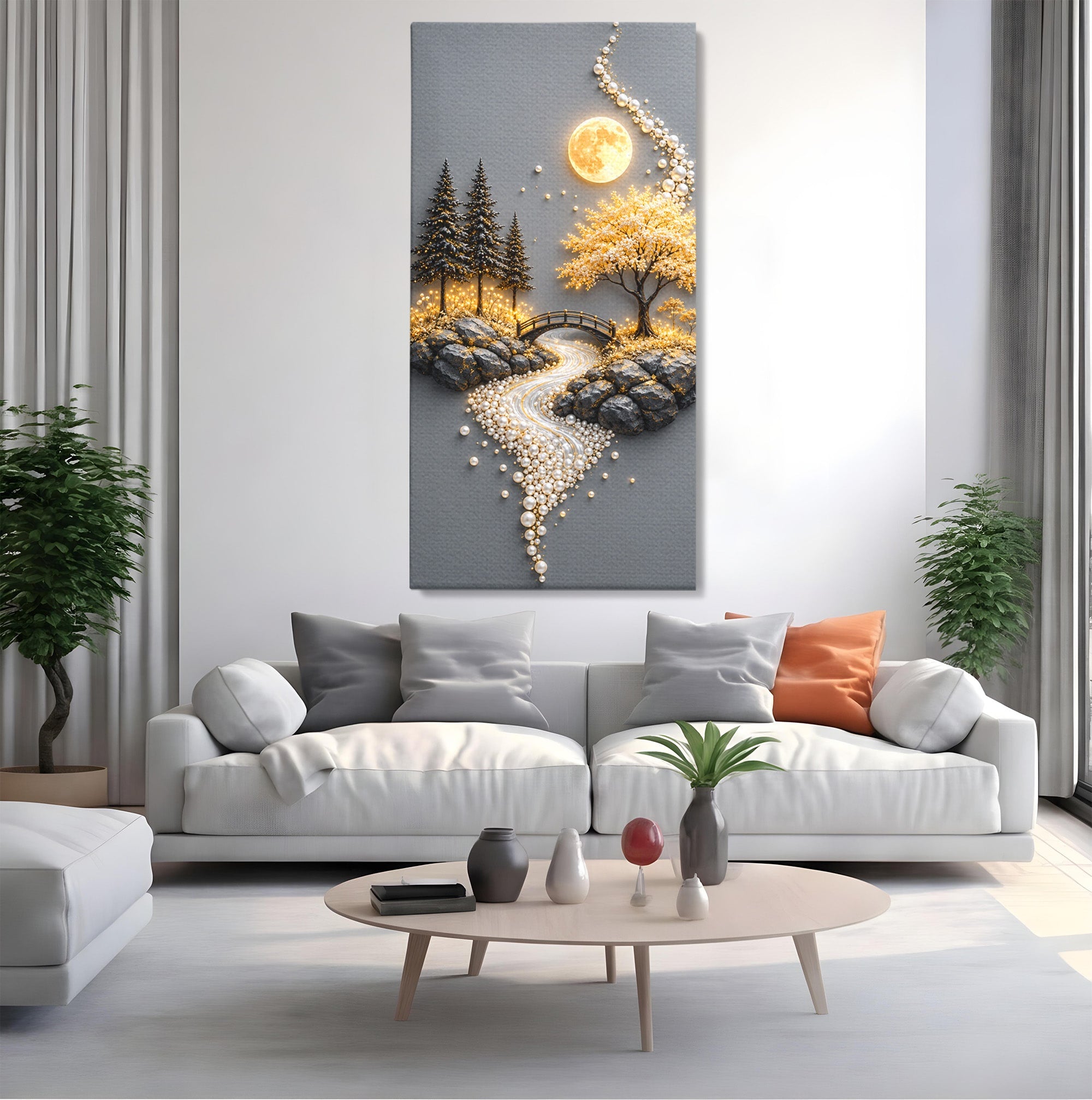 Tablou Canvas Premium LuxCanva® U1189, Peisaj Lunar, Copaci, Pod, Peisaj, Luna, Living, Culori Vibrante