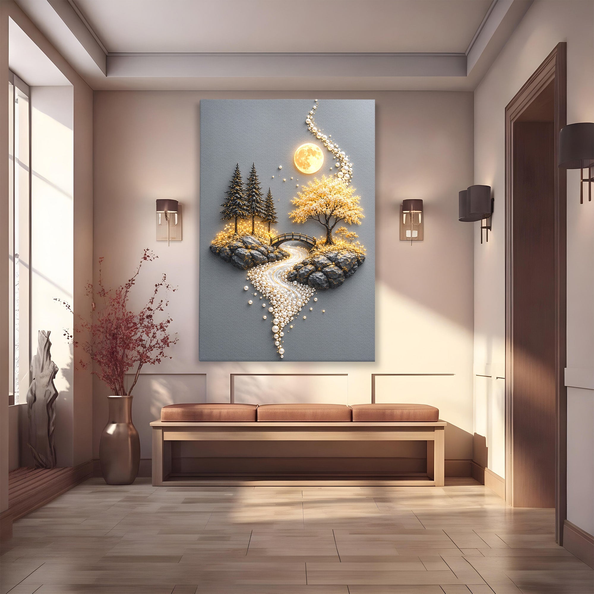 Tablou Canvas Premium LuxCanva® U1189, Peisaj Lunar, Copaci, Pod, Peisaj, Luna, Living, Culori Vibrante