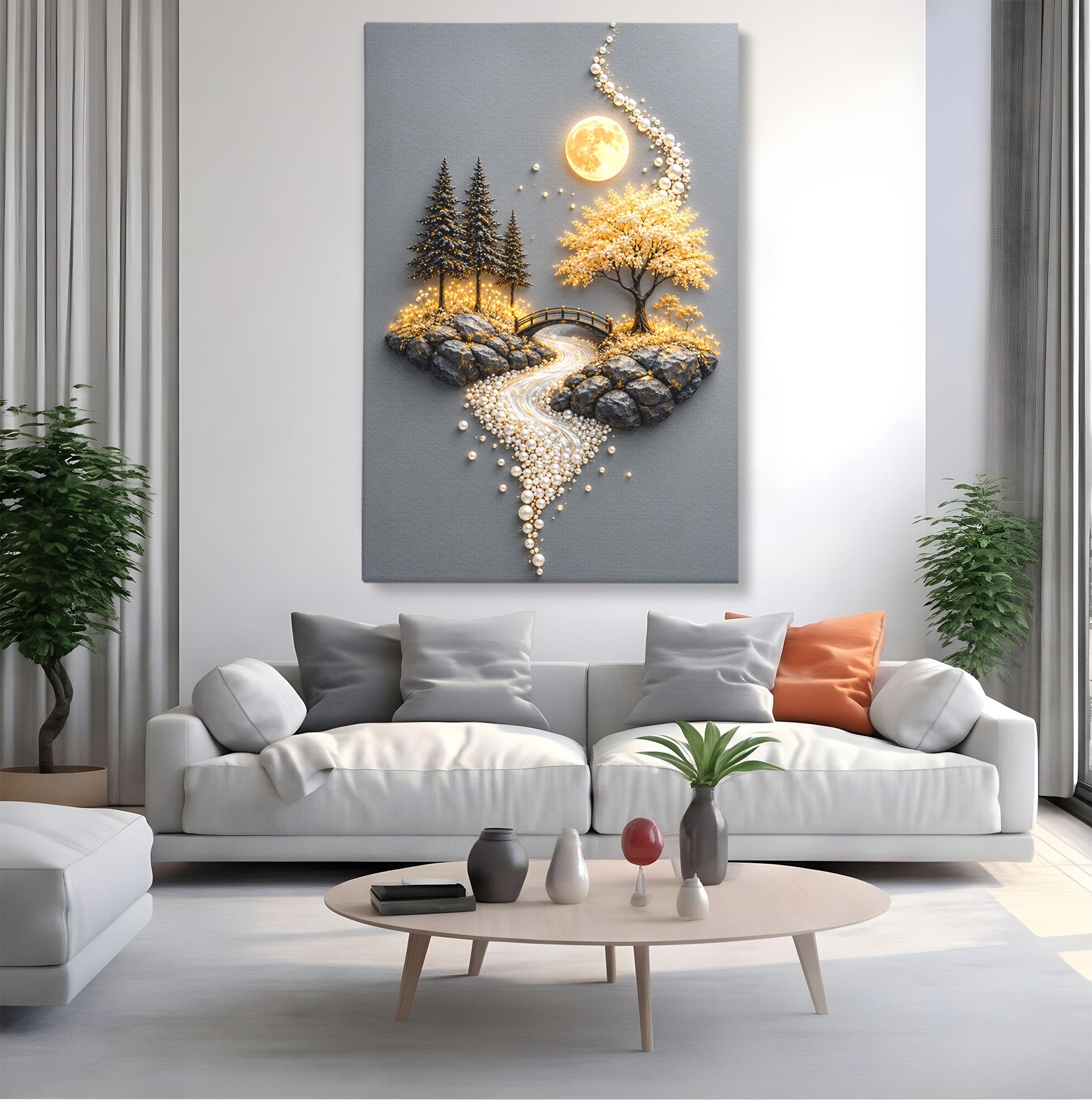Tablou Canvas Premium LuxCanva® U1189, Peisaj Lunar, Copaci, Pod, Peisaj, Luna, Living, Culori Vibrante