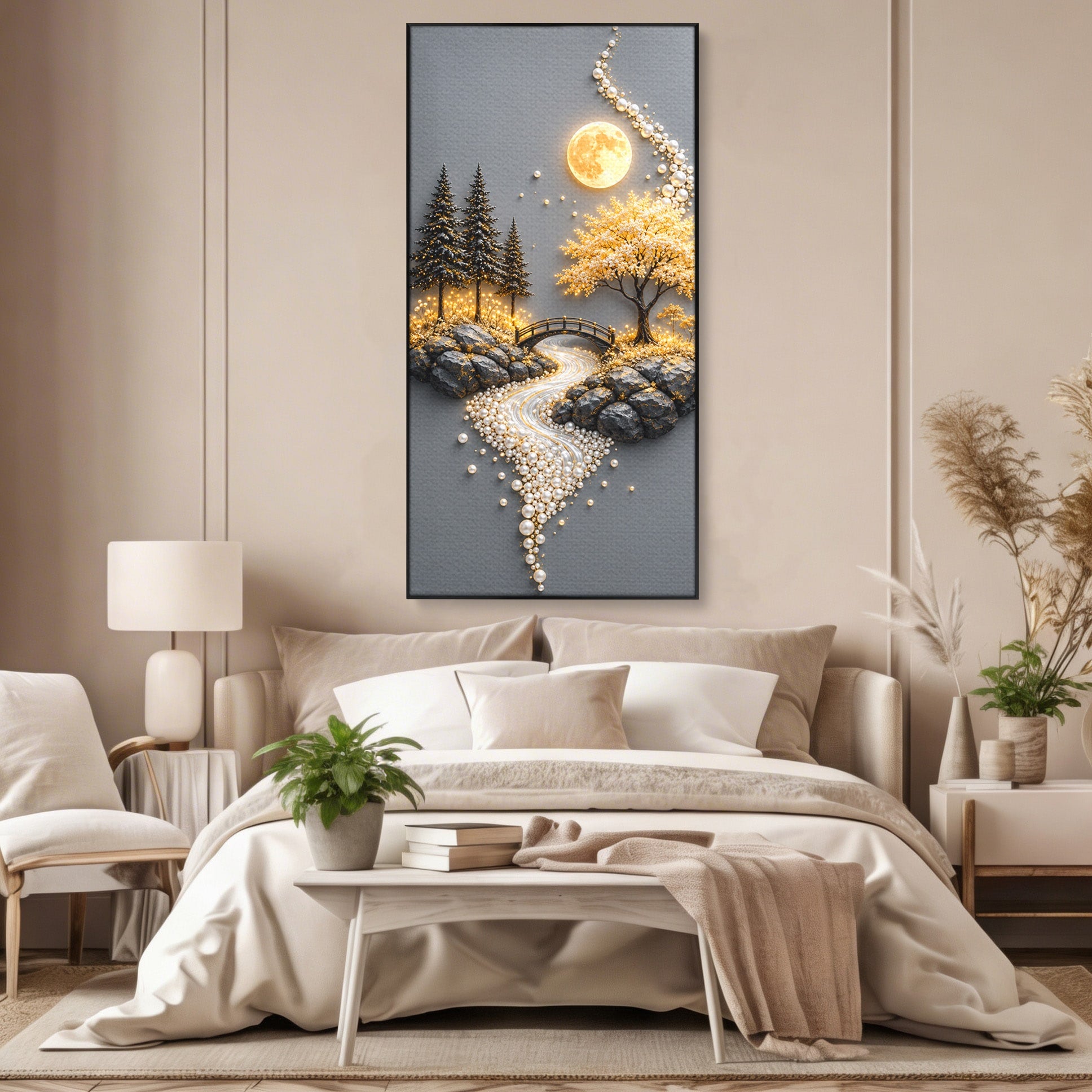 Tablou Canvas Premium LuxCanva® U1189, Peisaj Lunar, Copaci, Pod, Peisaj, Luna, Living, Culori Vibrante