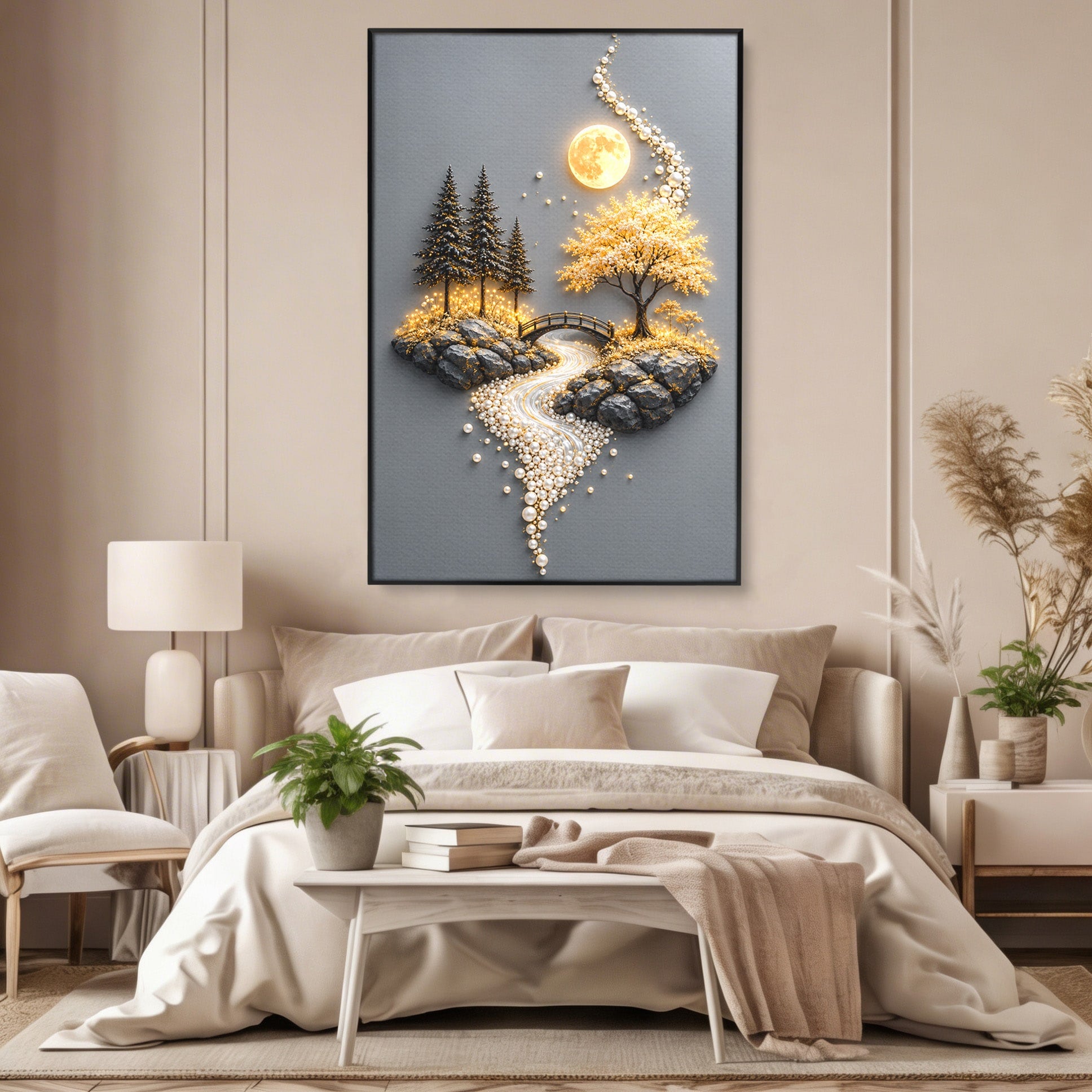 Tablou Canvas Premium LuxCanva® U1189, Peisaj Lunar, Copaci, Pod, Peisaj, Luna, Living, Culori Vibrante