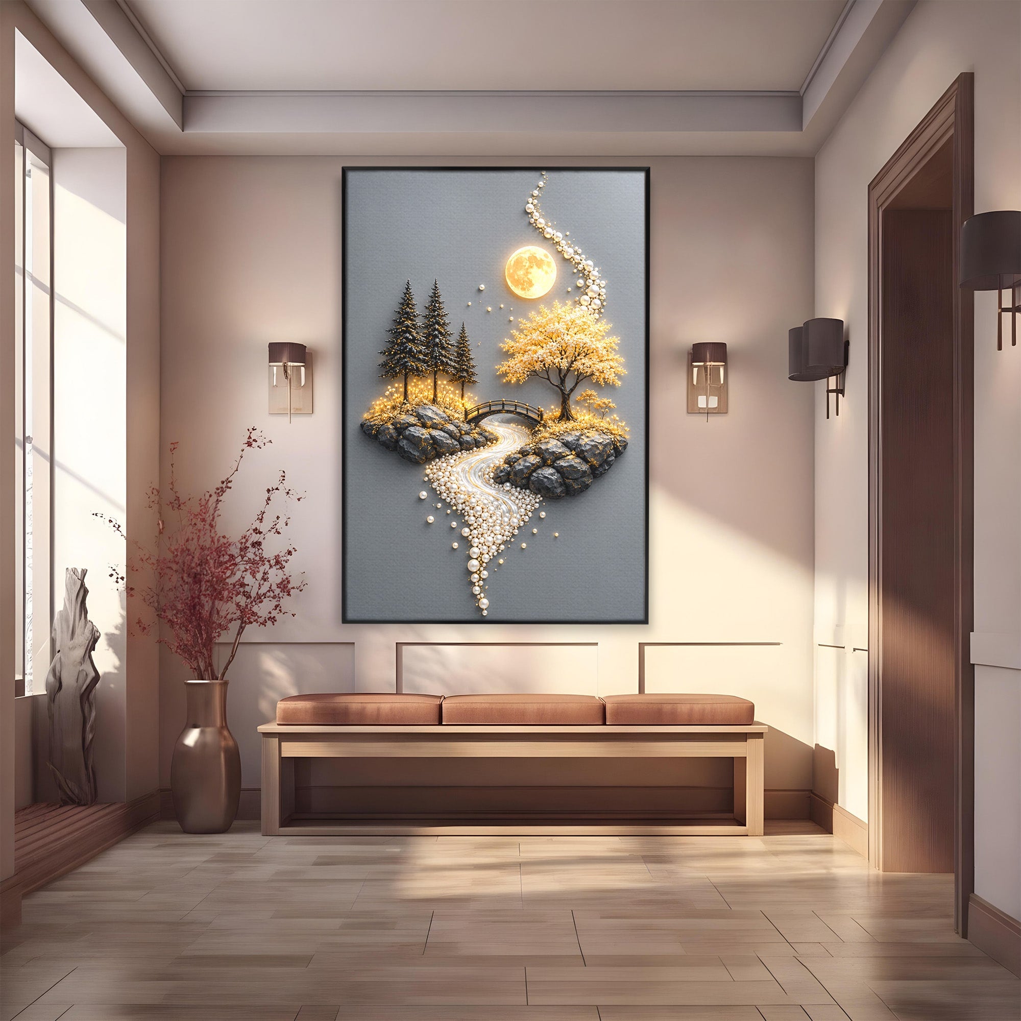 Tablou Canvas Premium LuxCanva® U1189, Peisaj Lunar, Copaci, Pod, Peisaj, Luna, Living, Culori Vibrante