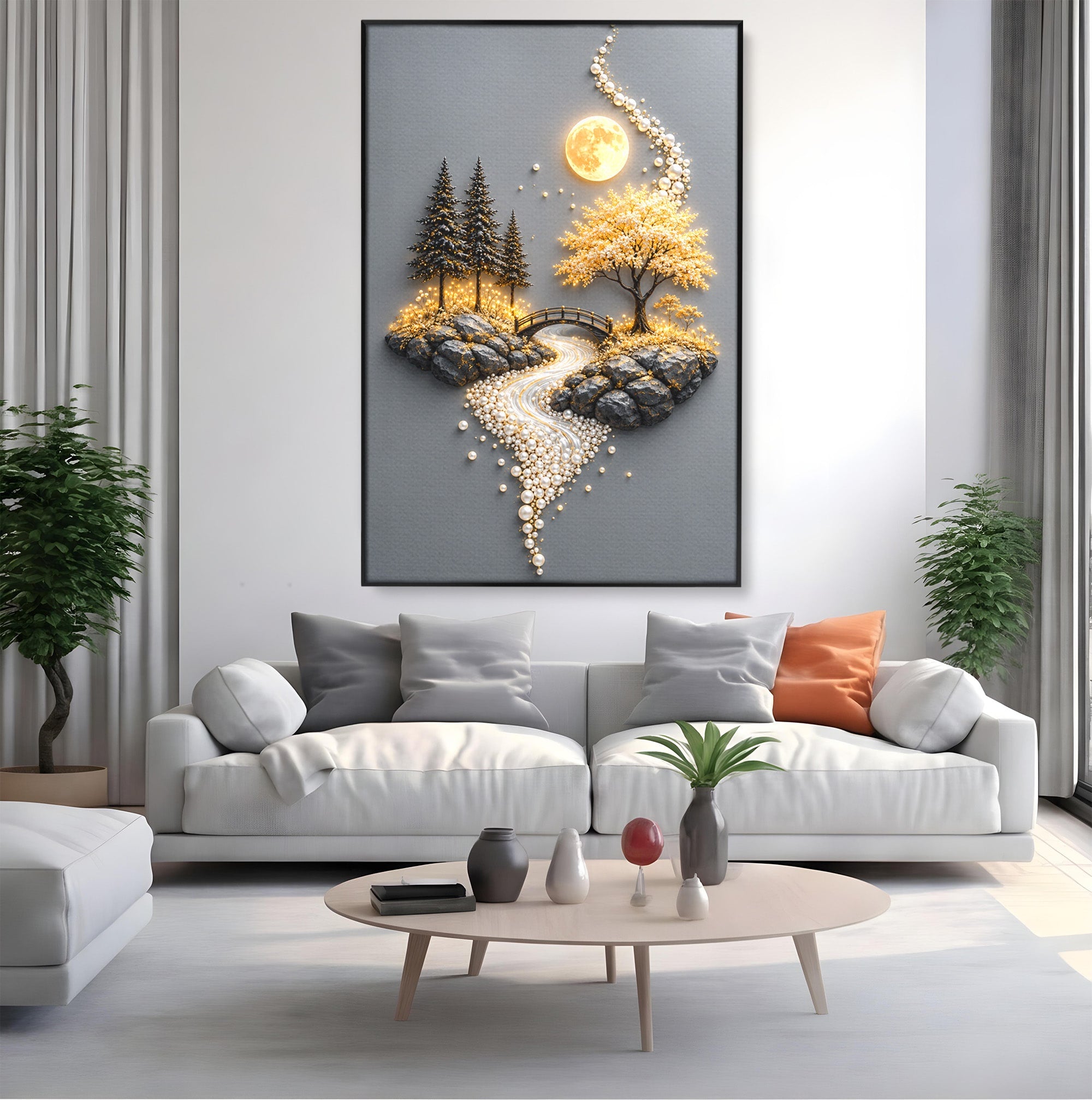 Tablou Canvas Premium LuxCanva® U1189, Peisaj Lunar, Copaci, Pod, Peisaj, Luna, Living, Culori Vibrante