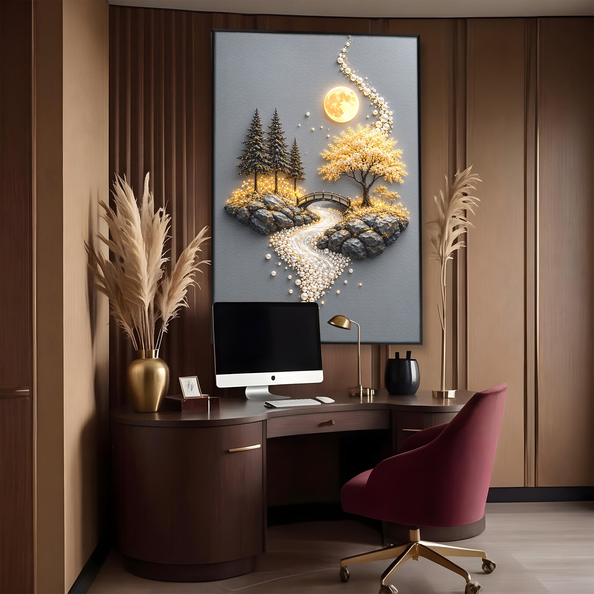 Tablou Canvas Premium LuxCanva® U1189, Peisaj Lunar, Copaci, Pod, Peisaj, Luna, Living, Culori Vibrante