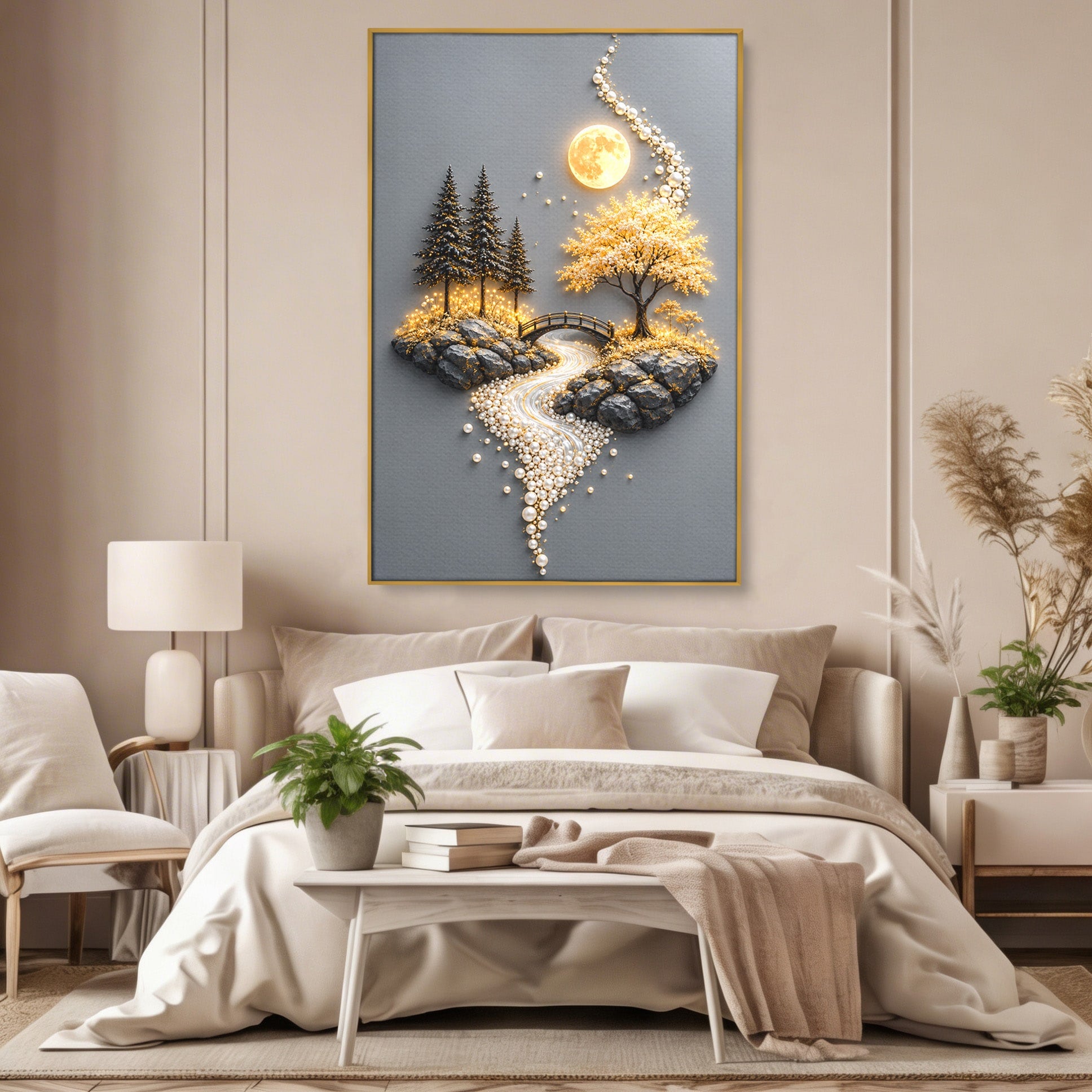 Tablou Canvas Premium LuxCanva® U1189, Peisaj Lunar, Copaci, Pod, Peisaj, Luna, Living, Culori Vibrante