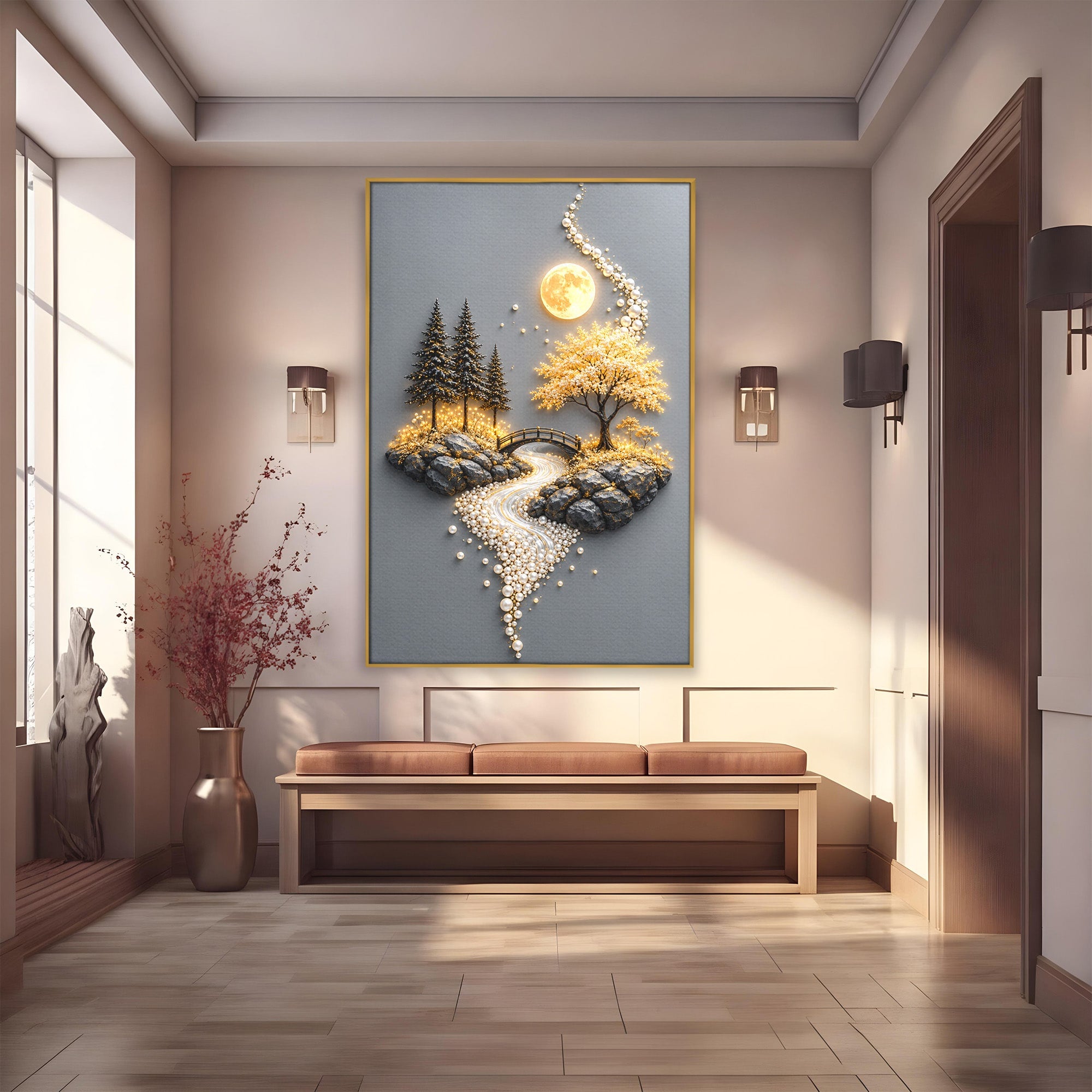 Tablou Canvas Premium LuxCanva® U1189, Peisaj Lunar, Copaci, Pod, Peisaj, Luna, Living, Culori Vibrante