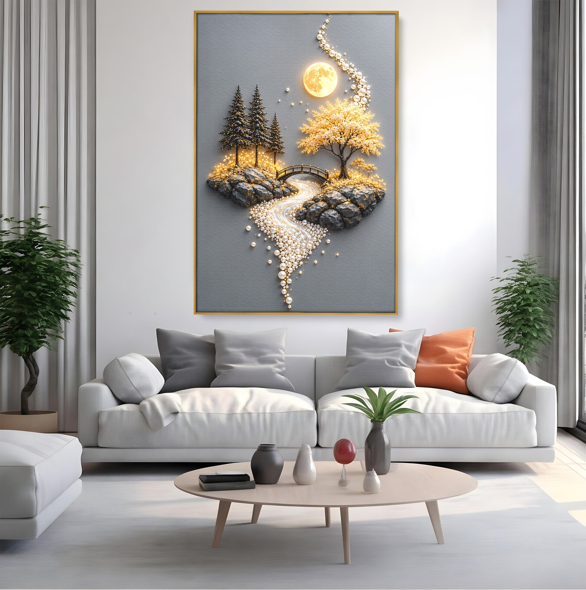 Tablou Canvas Premium LuxCanva® U1189, Peisaj Lunar, Copaci, Pod, Peisaj, Luna, Living, Culori Vibrante