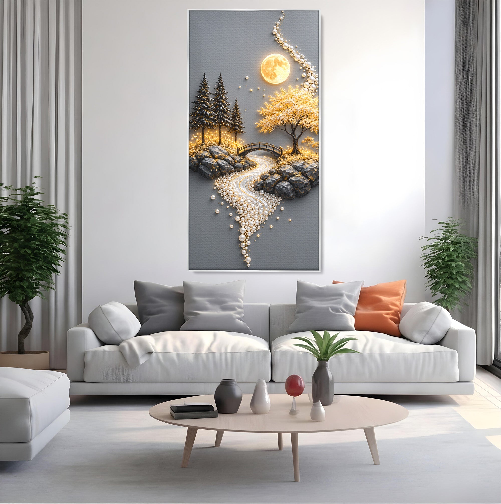 Tablou Canvas Premium LuxCanva® U1189, Peisaj Lunar, Copaci, Pod, Peisaj, Luna, Living, Culori Vibrante