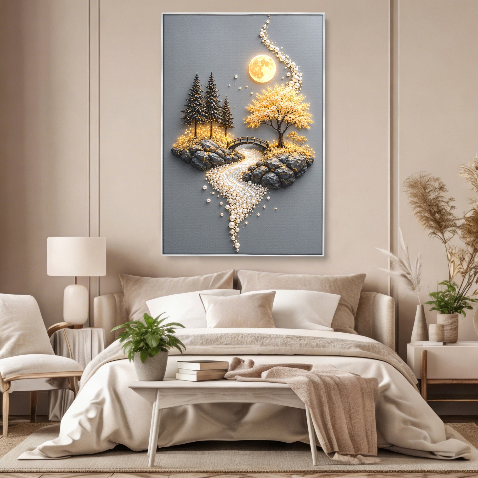 Tablou Canvas Premium LuxCanva® U1189, Peisaj Lunar, Copaci, Pod, Peisaj, Luna, Living, Culori Vibrante
