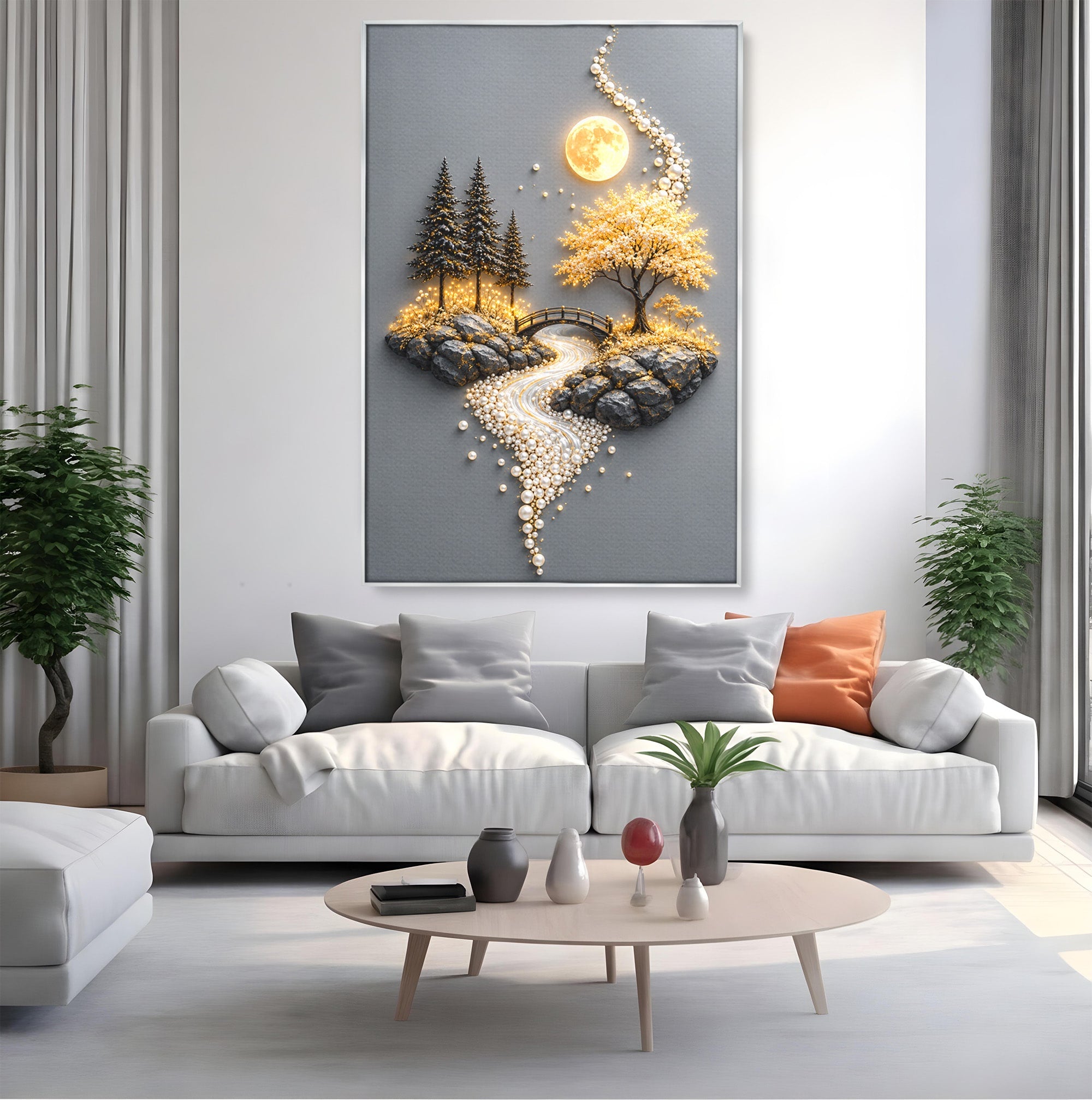 Tablou Canvas Premium LuxCanva® U1189, Peisaj Lunar, Copaci, Pod, Peisaj, Luna, Living, Culori Vibrante