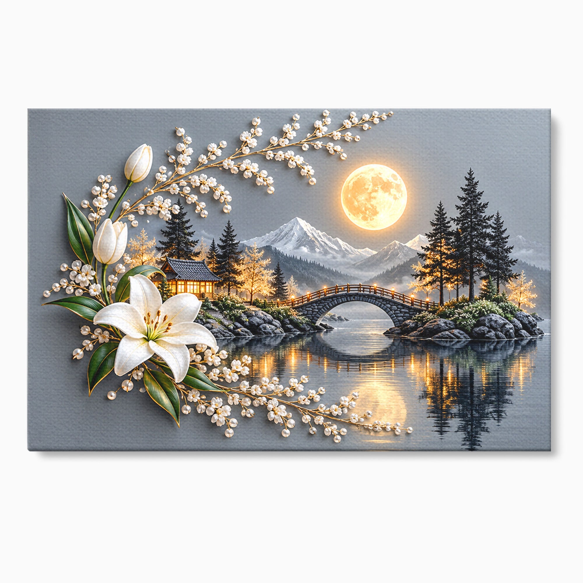 Tablou Canvas Premium LuxCanva® U1190, Luna Peste Podul Montan, Luna, Pod, Flori, Peisaj, Living, Natura, Culori Vibrante