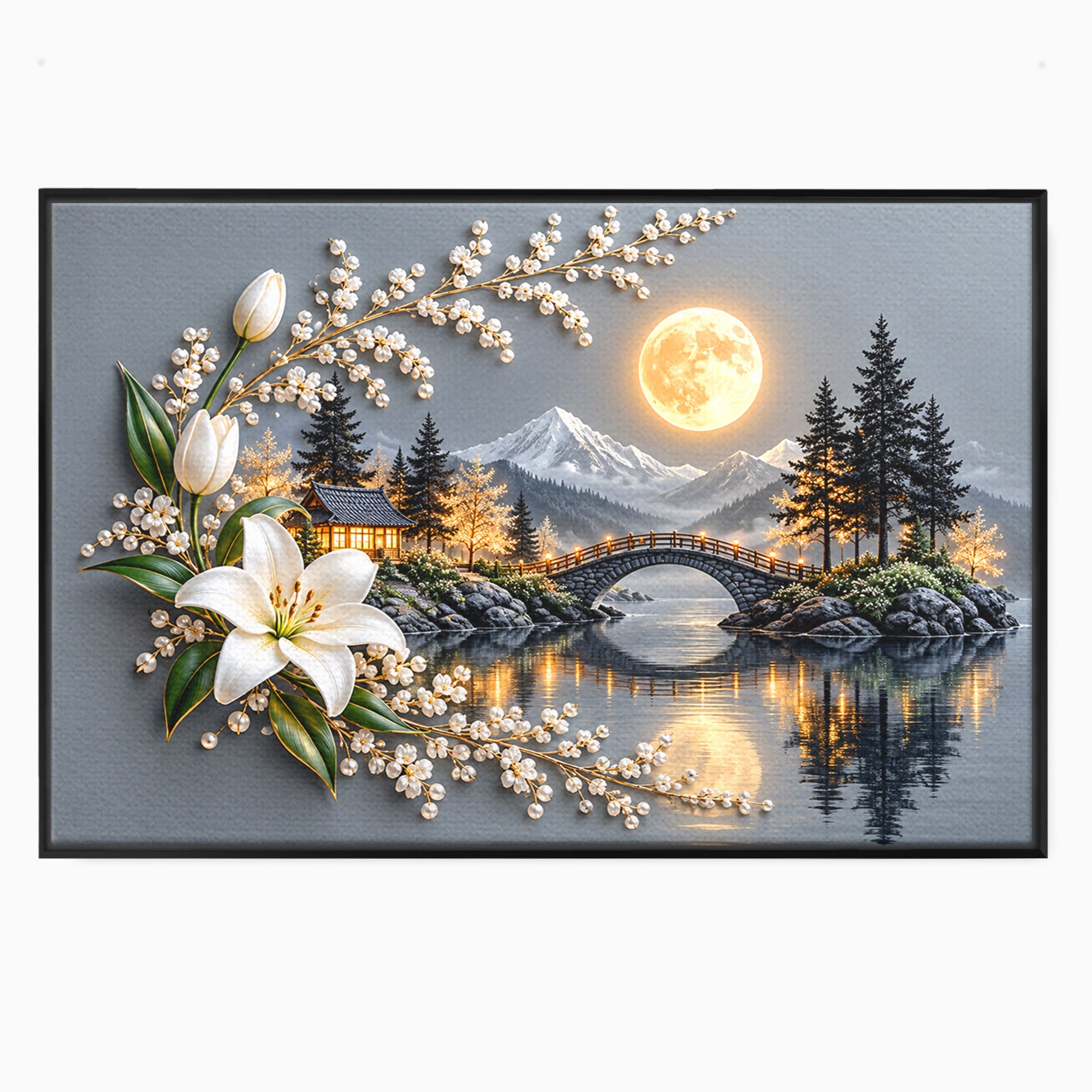 Tablou Canvas Premium LuxCanva® U1190, Luna Peste Podul Montan, Luna, Pod, Flori, Peisaj, Living, Natura, Culori Vibrante