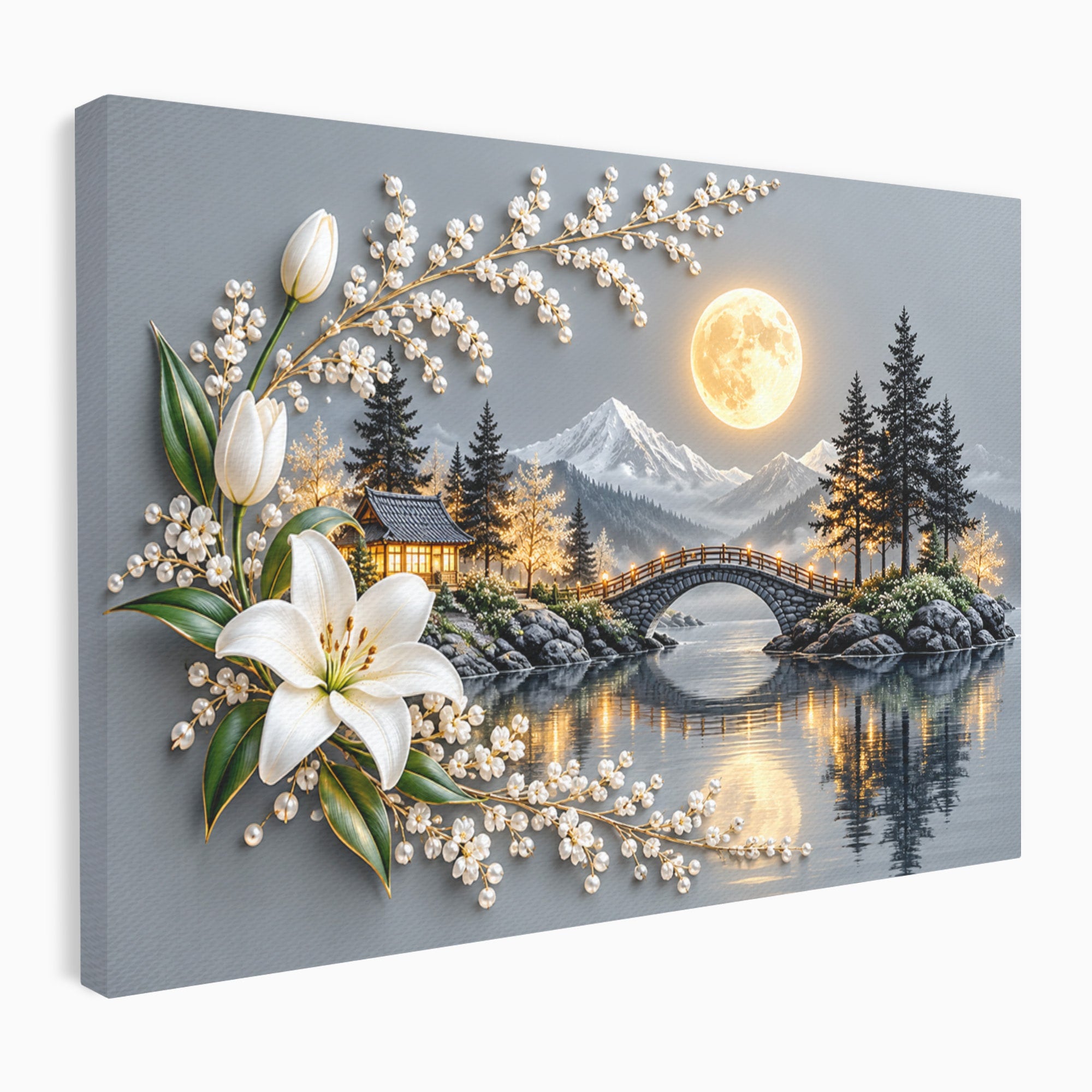 Tablou Canvas Premium LuxCanva® U1190, Luna Peste Podul Montan, Luna, Pod, Flori, Peisaj, Living, Natura, Culori Vibrante