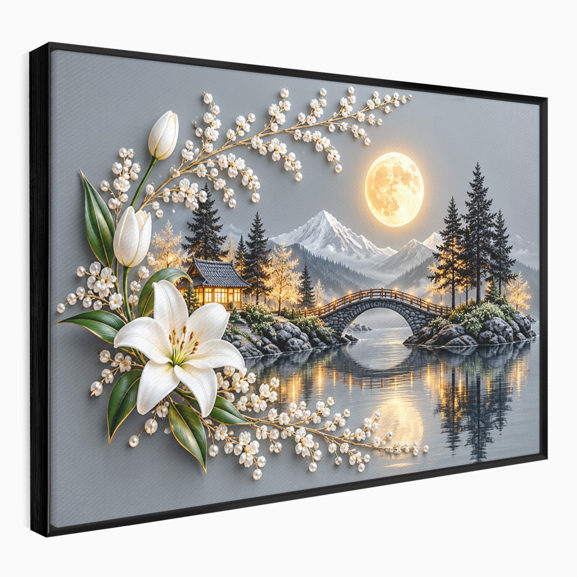 Tablou Canvas Premium LuxCanva® U1190, Luna Peste Podul Montan, Luna, Pod, Flori, Peisaj, Living, Natura, Culori Vibrante
