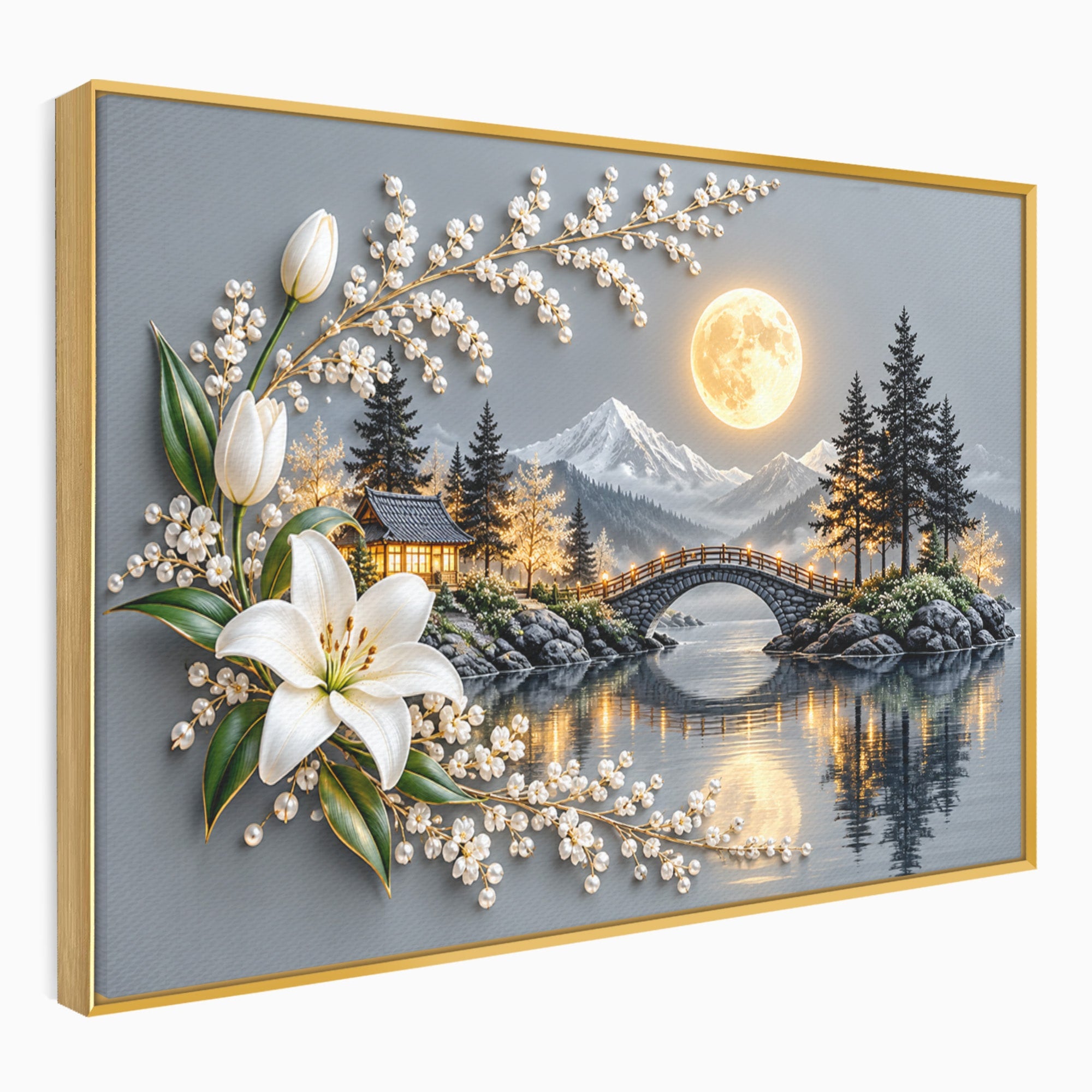 Tablou Canvas Premium LuxCanva® U1190, Luna Peste Podul Montan, Luna, Pod, Flori, Peisaj, Living, Natura, Culori Vibrante