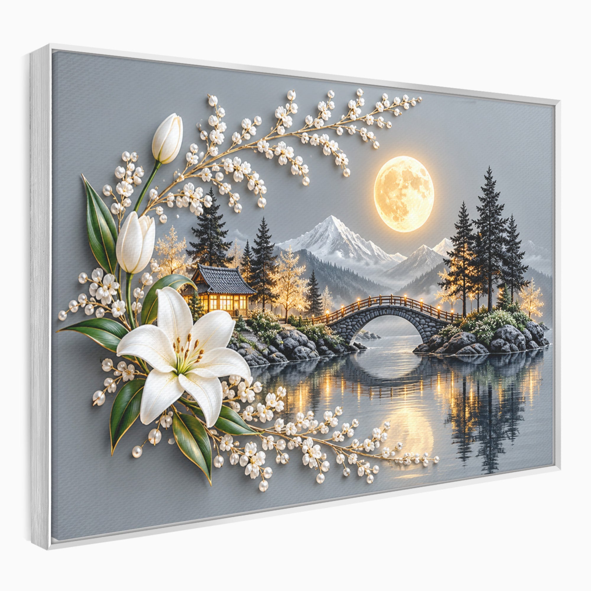 Tablou Canvas Premium LuxCanva® U1190, Luna Peste Podul Montan, Luna, Pod, Flori, Peisaj, Living, Natura, Culori Vibrante