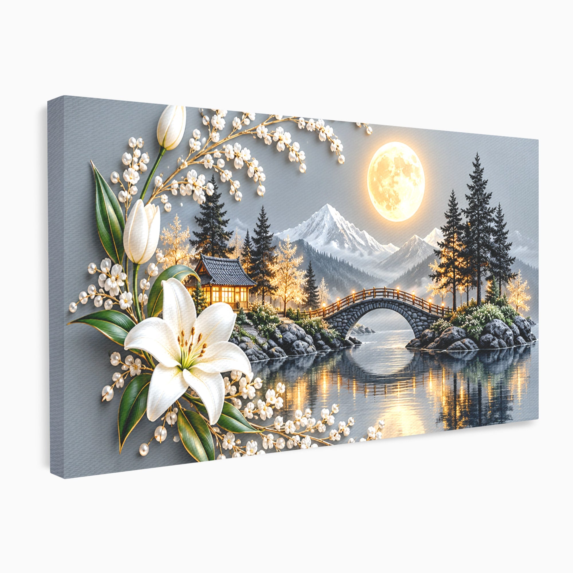 Tablou Canvas Premium LuxCanva® U1190, Luna Peste Podul Montan, Luna, Pod, Flori, Peisaj, Living, Natura, Culori Vibrante