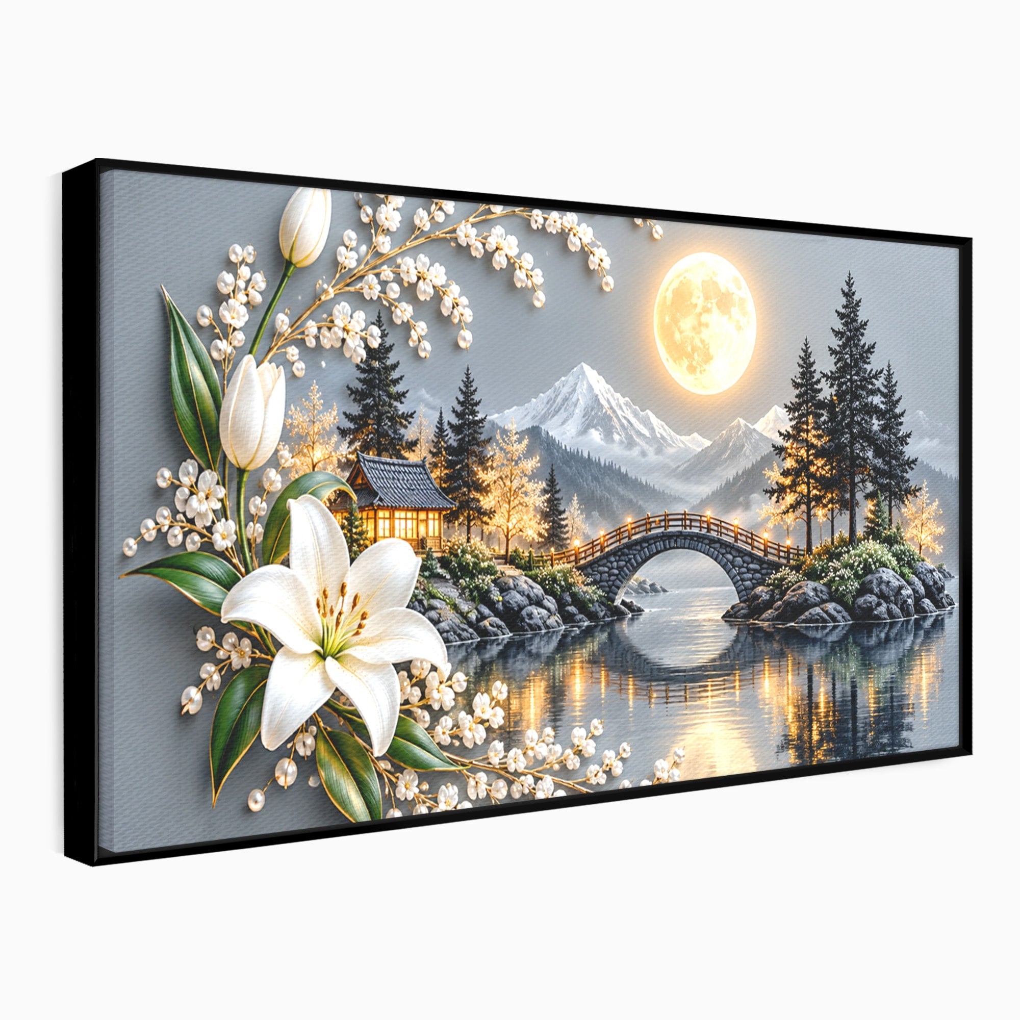 Tablou Canvas Premium LuxCanva® U1190, Luna Peste Podul Montan, Luna, Pod, Flori, Peisaj, Living, Natura, Culori Vibrante
