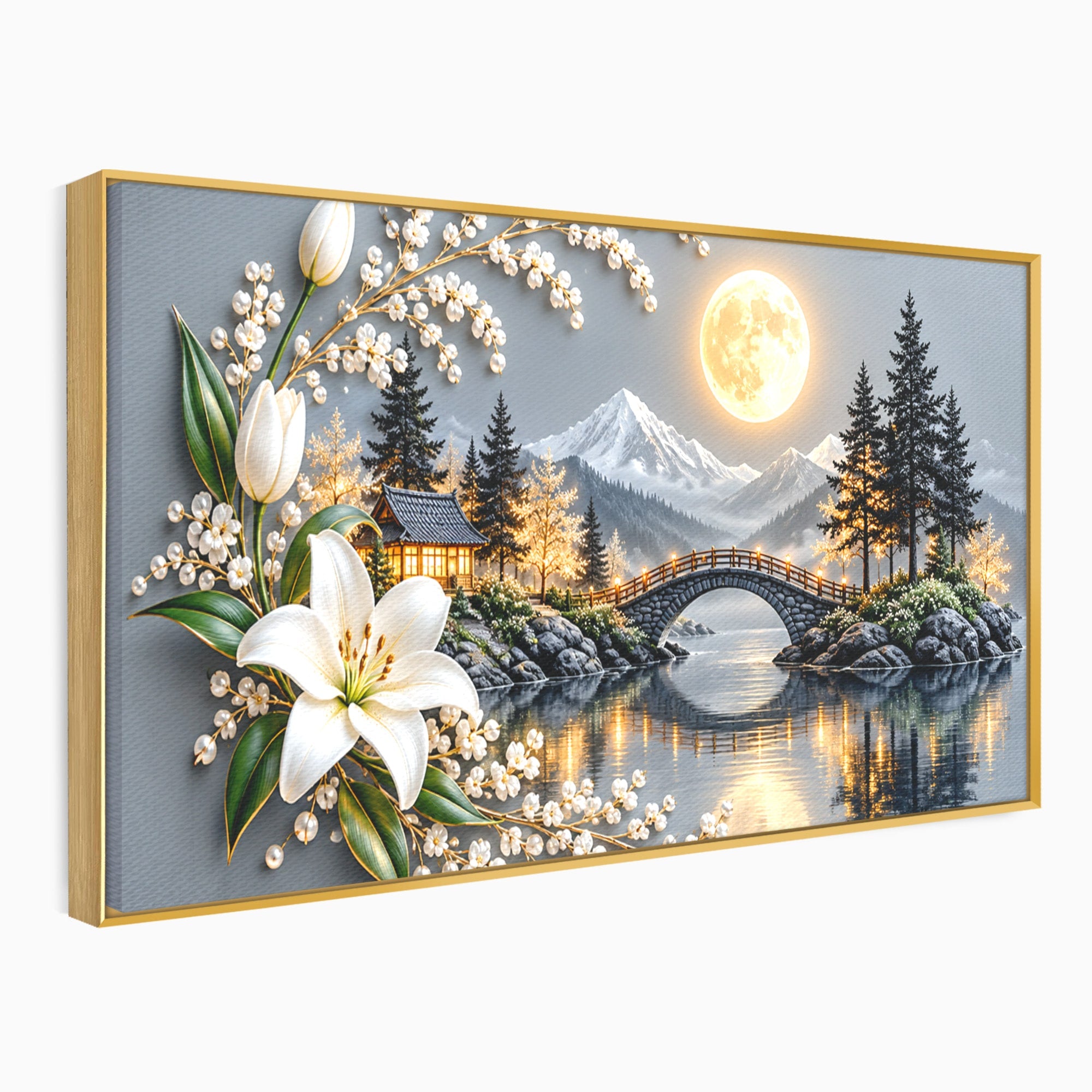 Tablou Canvas Premium LuxCanva® U1190, Luna Peste Podul Montan, Luna, Pod, Flori, Peisaj, Living, Natura, Culori Vibrante