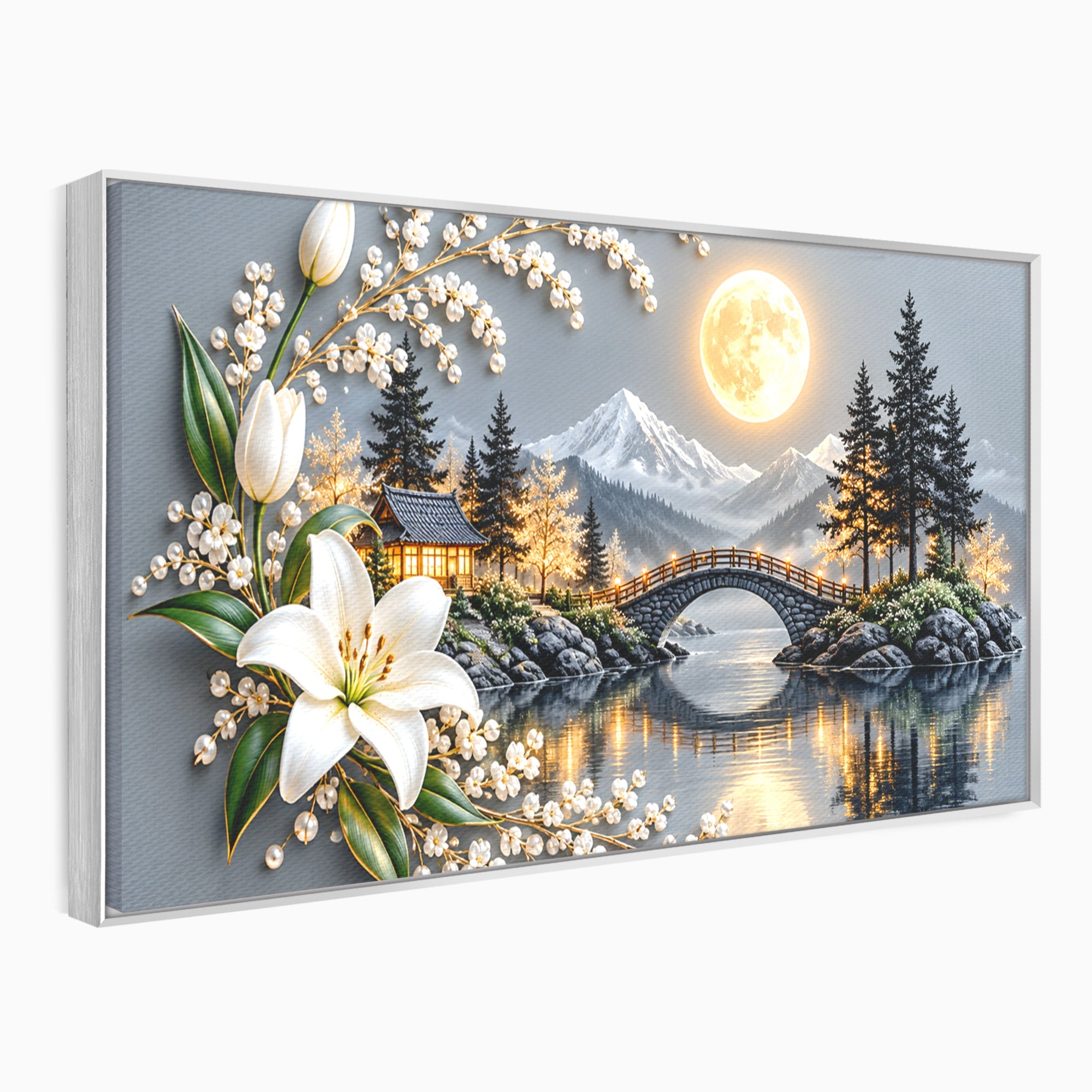Tablou Canvas Premium LuxCanva® U1190, Luna Peste Podul Montan, Luna, Pod, Flori, Peisaj, Living, Natura, Culori Vibrante