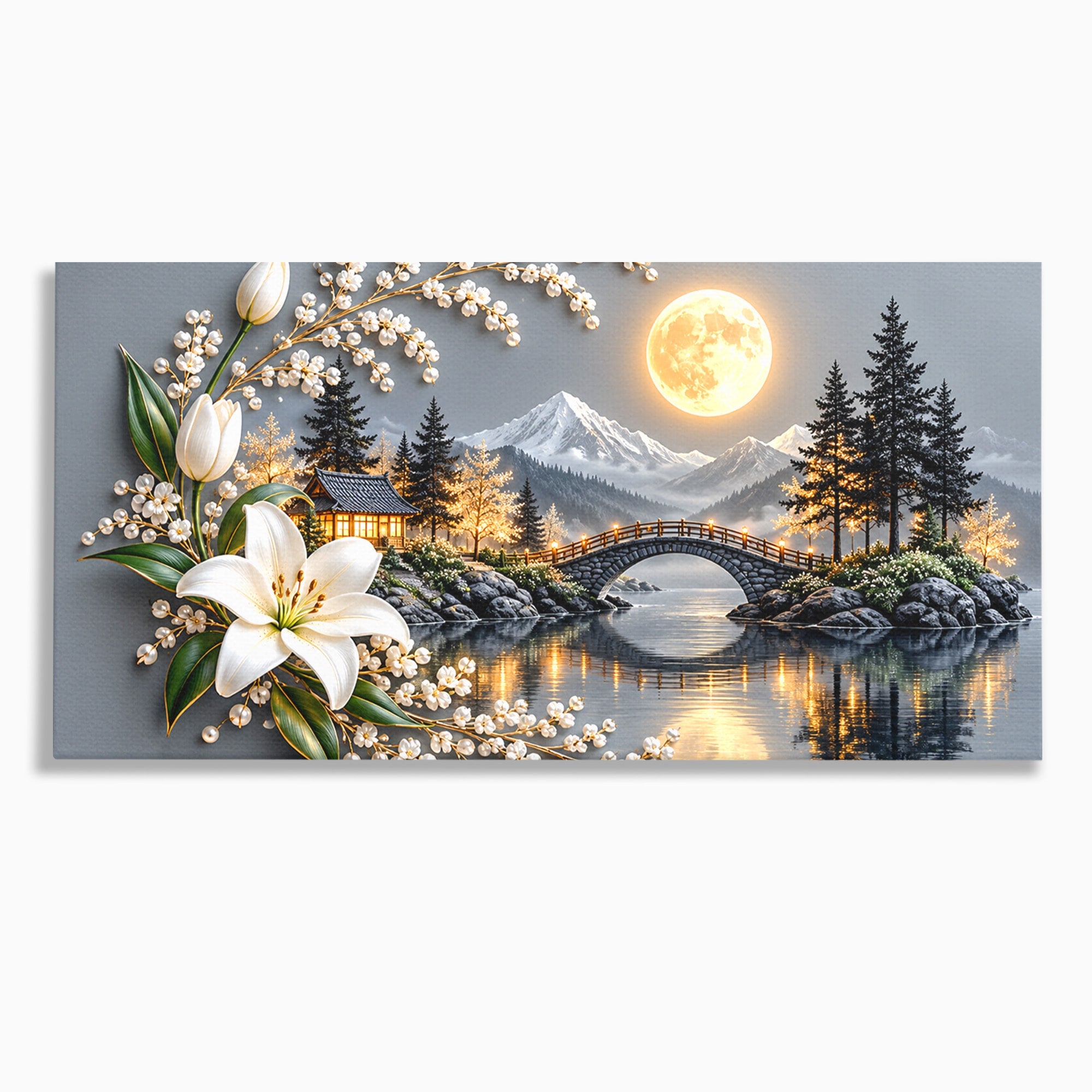 Tablou Canvas Premium LuxCanva® U1190, Luna Peste Podul Montan, Luna, Pod, Flori, Peisaj, Living, Natura, Culori Vibrante