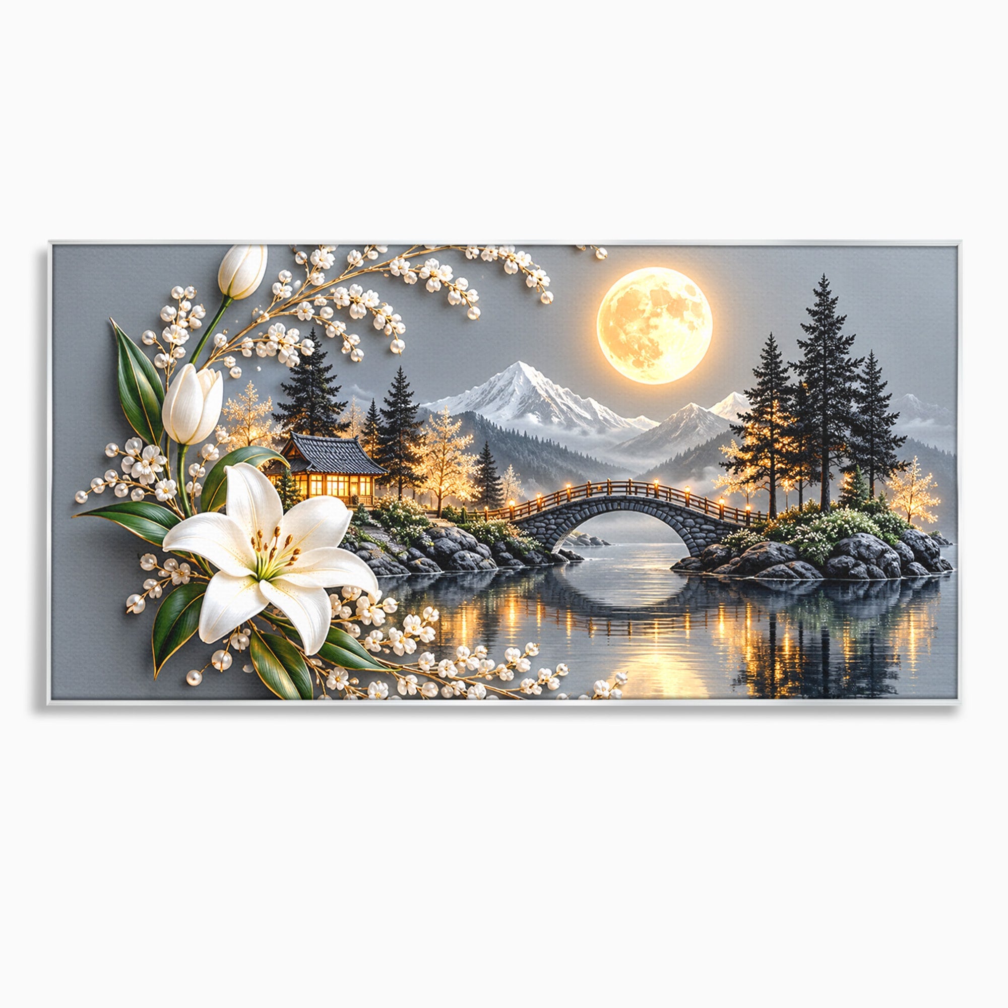 Tablou Canvas Premium LuxCanva® U1190, Luna Peste Podul Montan, Luna, Pod, Flori, Peisaj, Living, Natura, Culori Vibrante