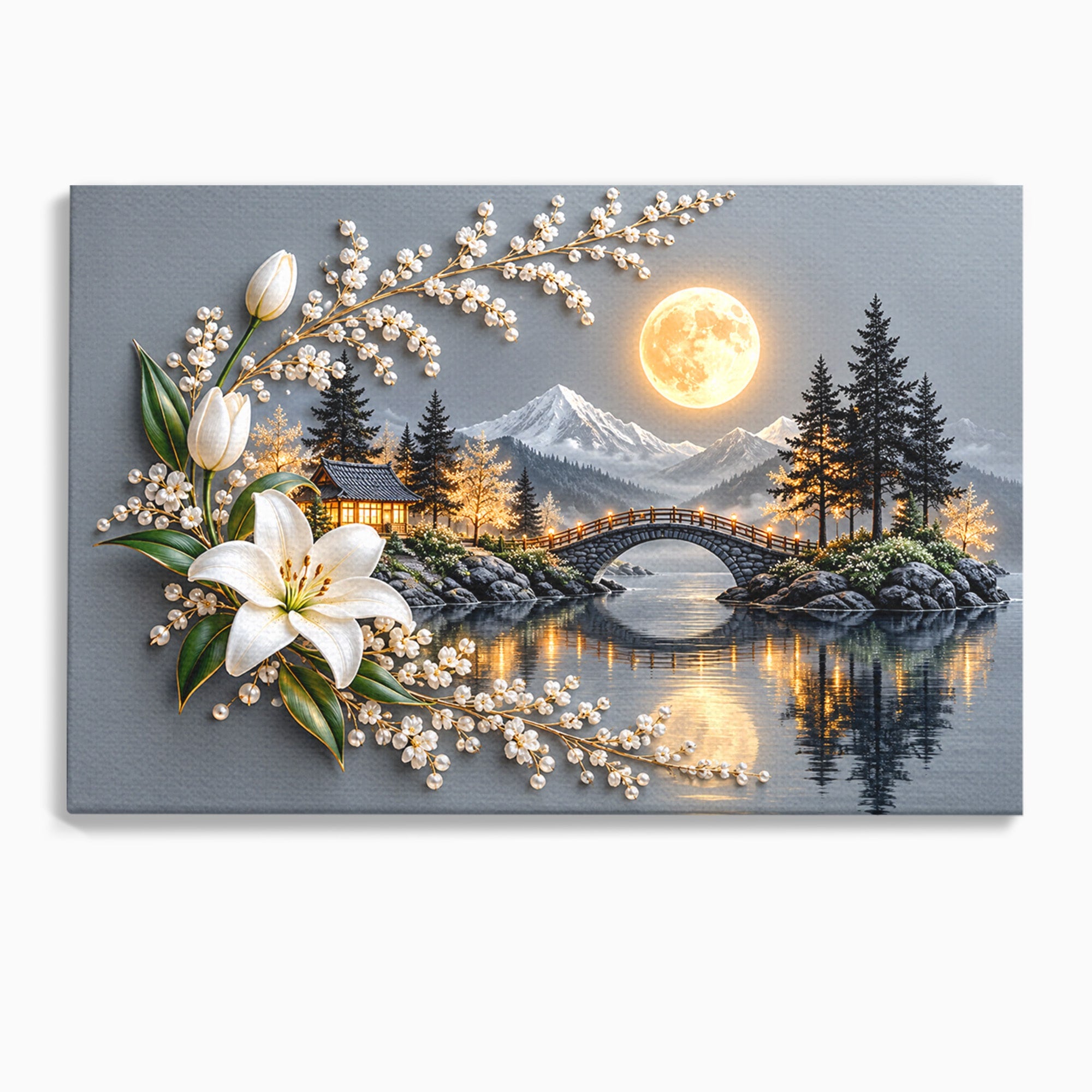 Tablou Canvas Premium LuxCanva® U1190, Luna Peste Podul Montan, Luna, Pod, Flori, Peisaj, Living, Natura, Culori Vibrante