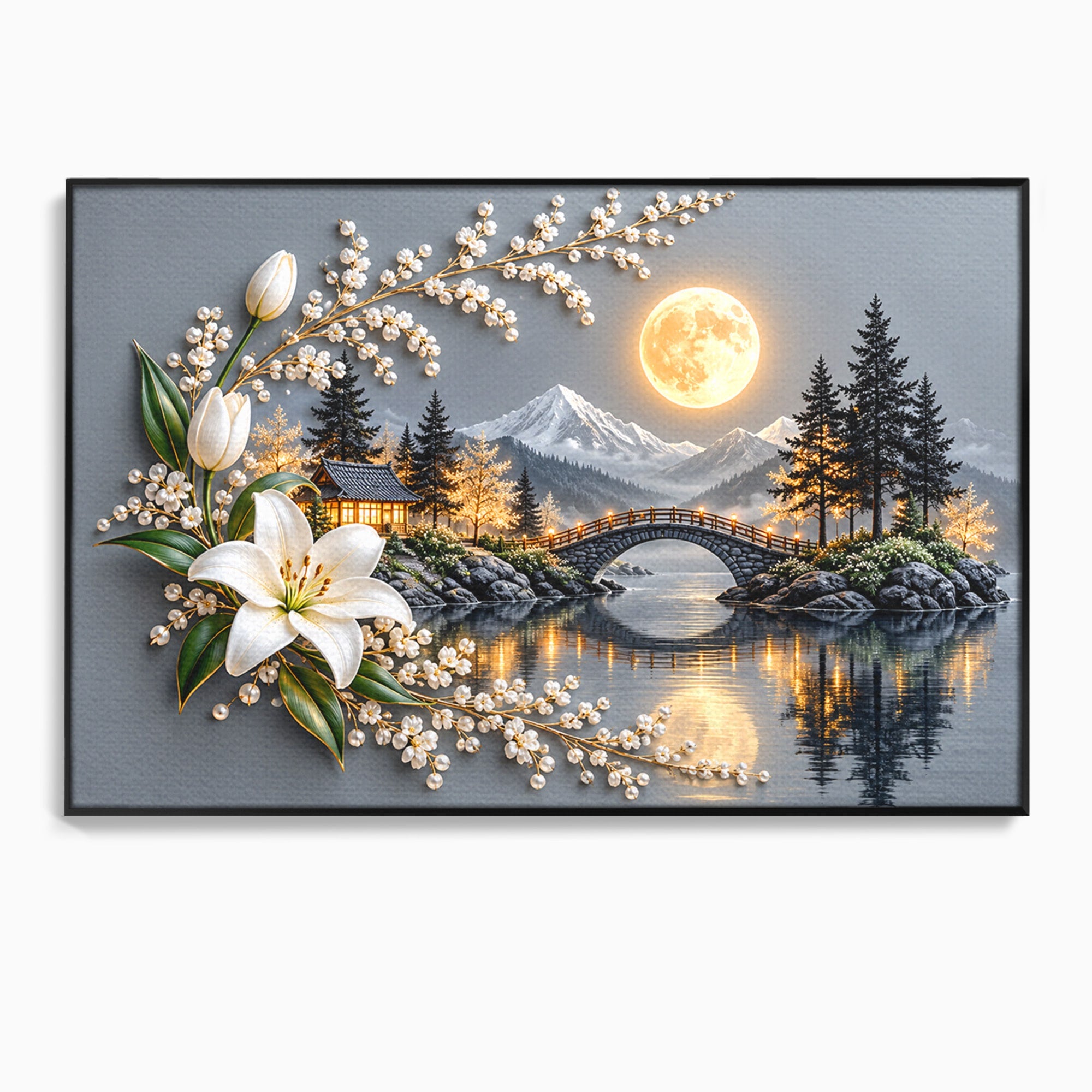 Tablou Canvas Premium LuxCanva® U1190, Luna Peste Podul Montan, Luna, Pod, Flori, Peisaj, Living, Natura, Culori Vibrante