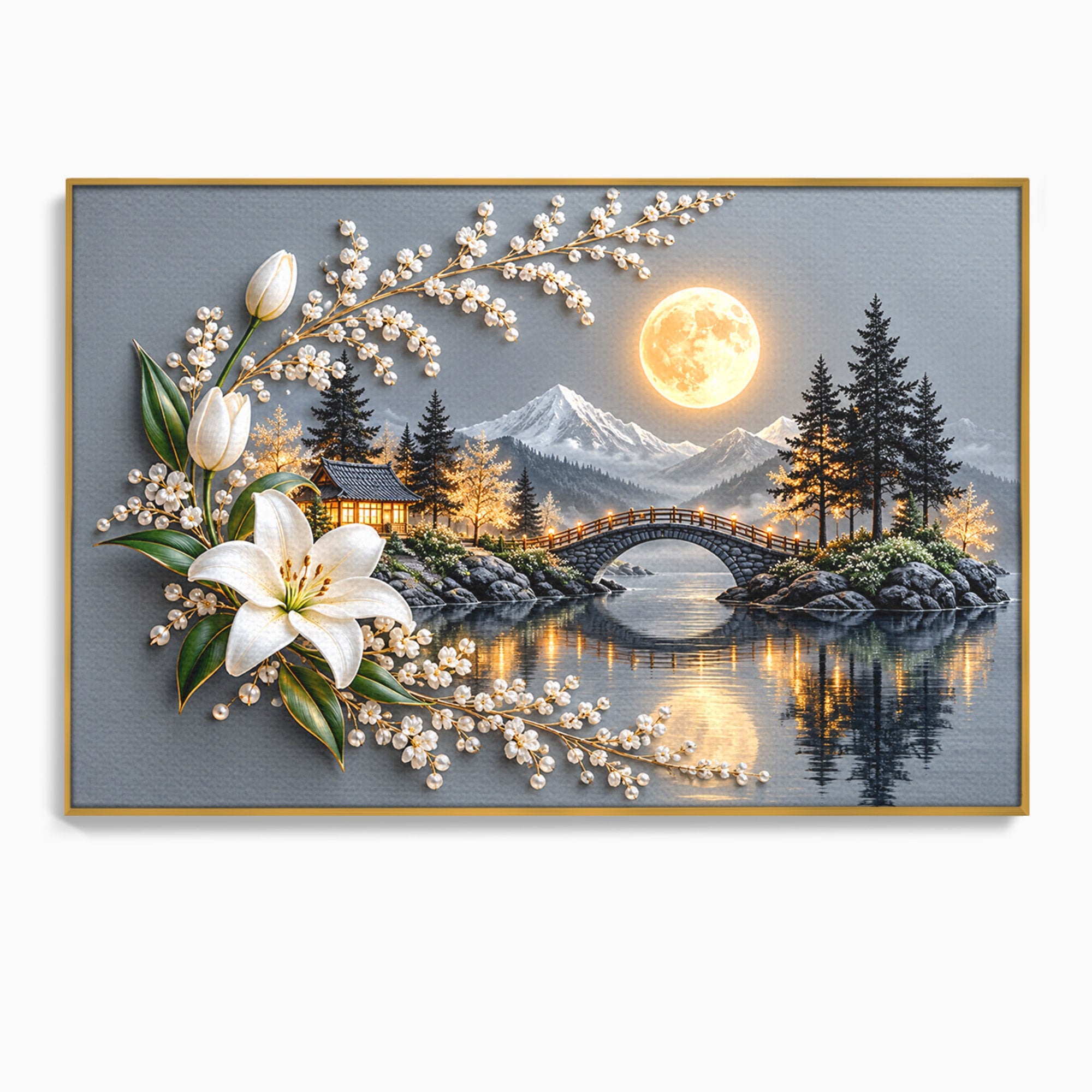Tablou Canvas Premium LuxCanva® U1190, Luna Peste Podul Montan, Luna, Pod, Flori, Peisaj, Living, Natura, Culori Vibrante