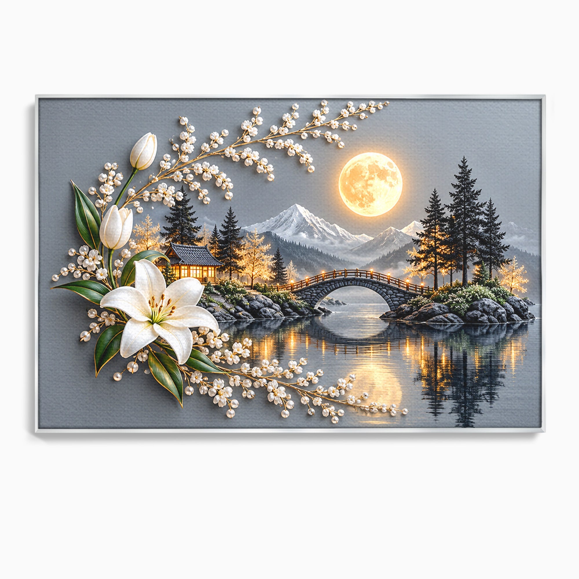 Tablou Canvas Premium LuxCanva® U1190, Luna Peste Podul Montan, Luna, Pod, Flori, Peisaj, Living, Natura, Culori Vibrante
