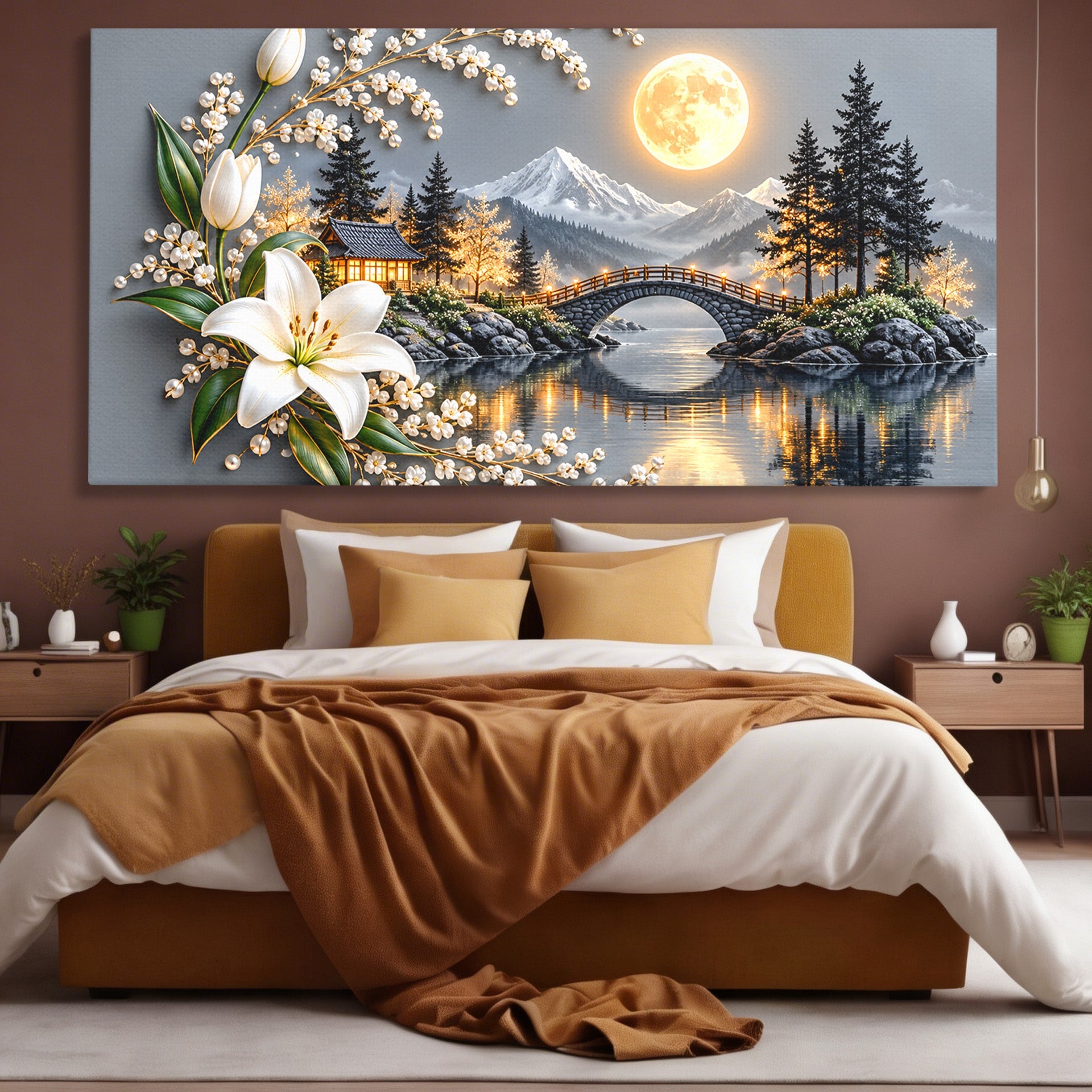 Tablou Canvas Premium LuxCanva® U1190, Luna Peste Podul Montan, Luna, Pod, Flori, Peisaj, Living, Natura, Culori Vibrante