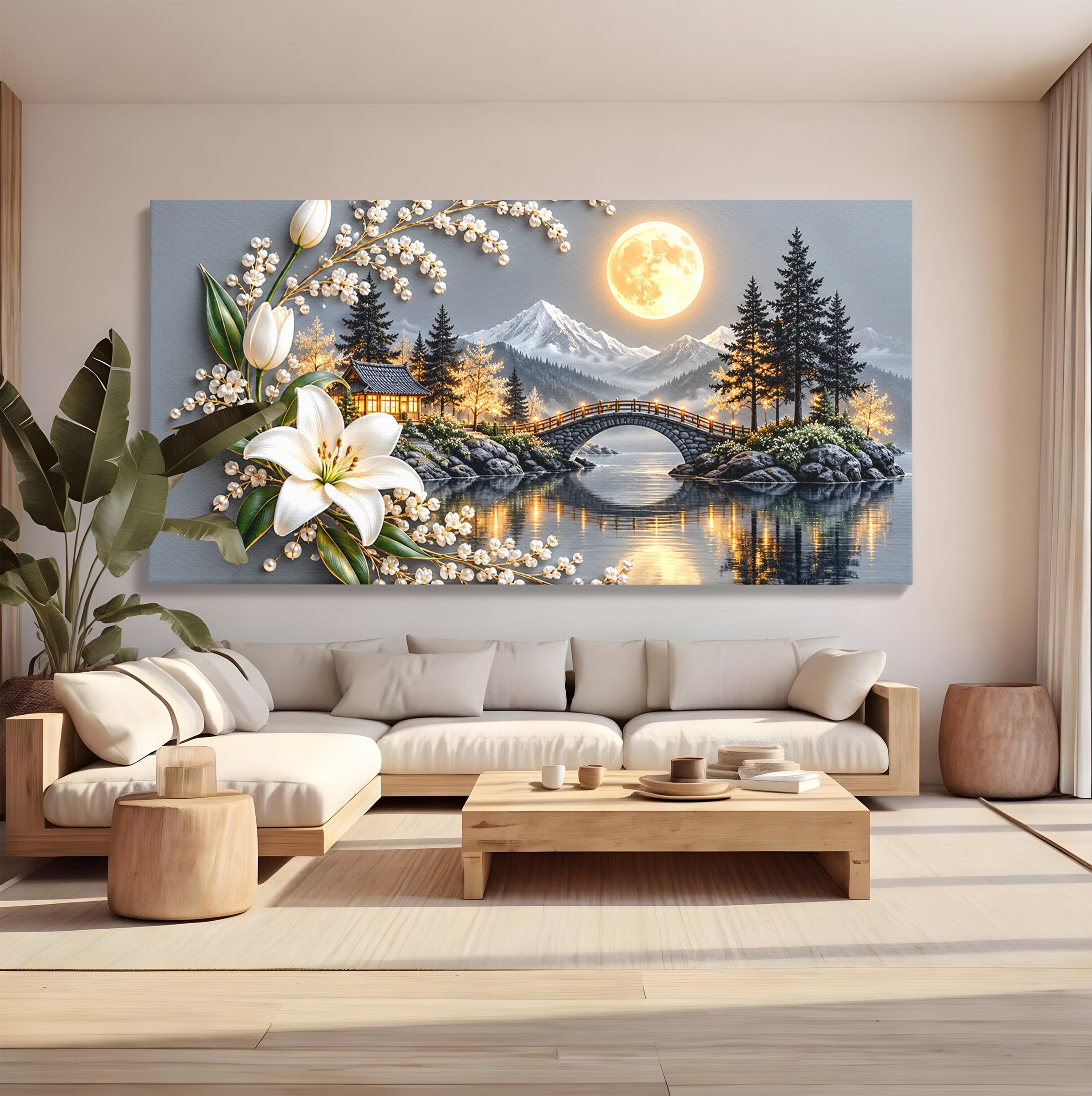 Tablou Canvas Premium LuxCanva® U1190, Luna Peste Podul Montan, Luna, Pod, Flori, Peisaj, Living, Natura, Culori Vibrante