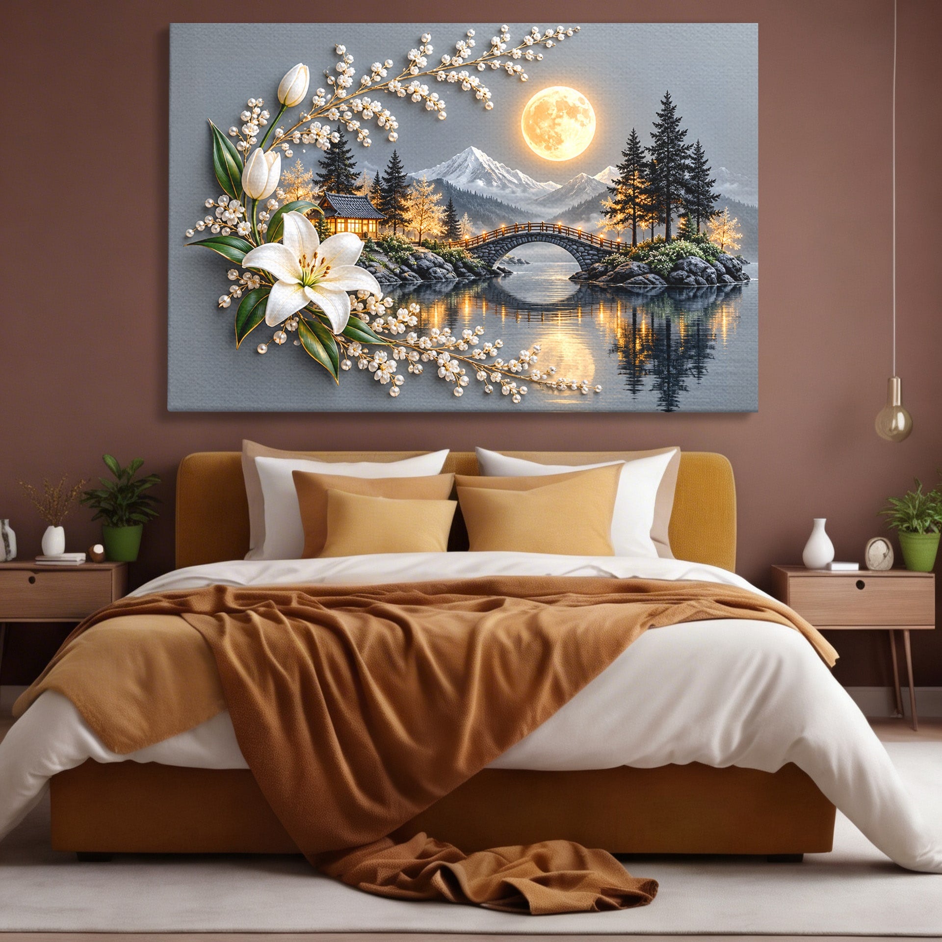 Tablou Canvas Premium LuxCanva® U1190, Luna Peste Podul Montan, Luna, Pod, Flori, Peisaj, Living, Natura, Culori Vibrante