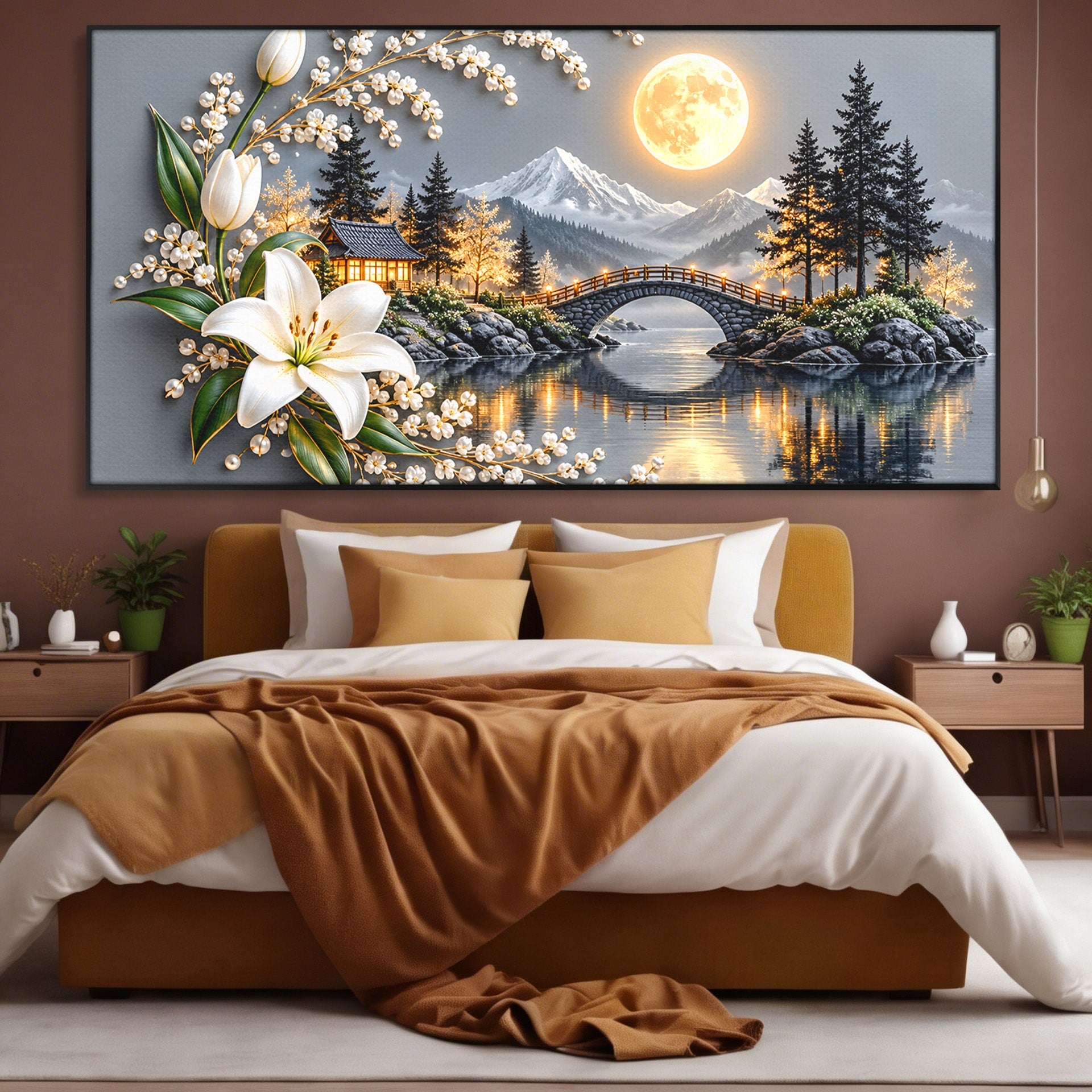 Tablou Canvas Premium LuxCanva® U1190, Luna Peste Podul Montan, Luna, Pod, Flori, Peisaj, Living, Natura, Culori Vibrante