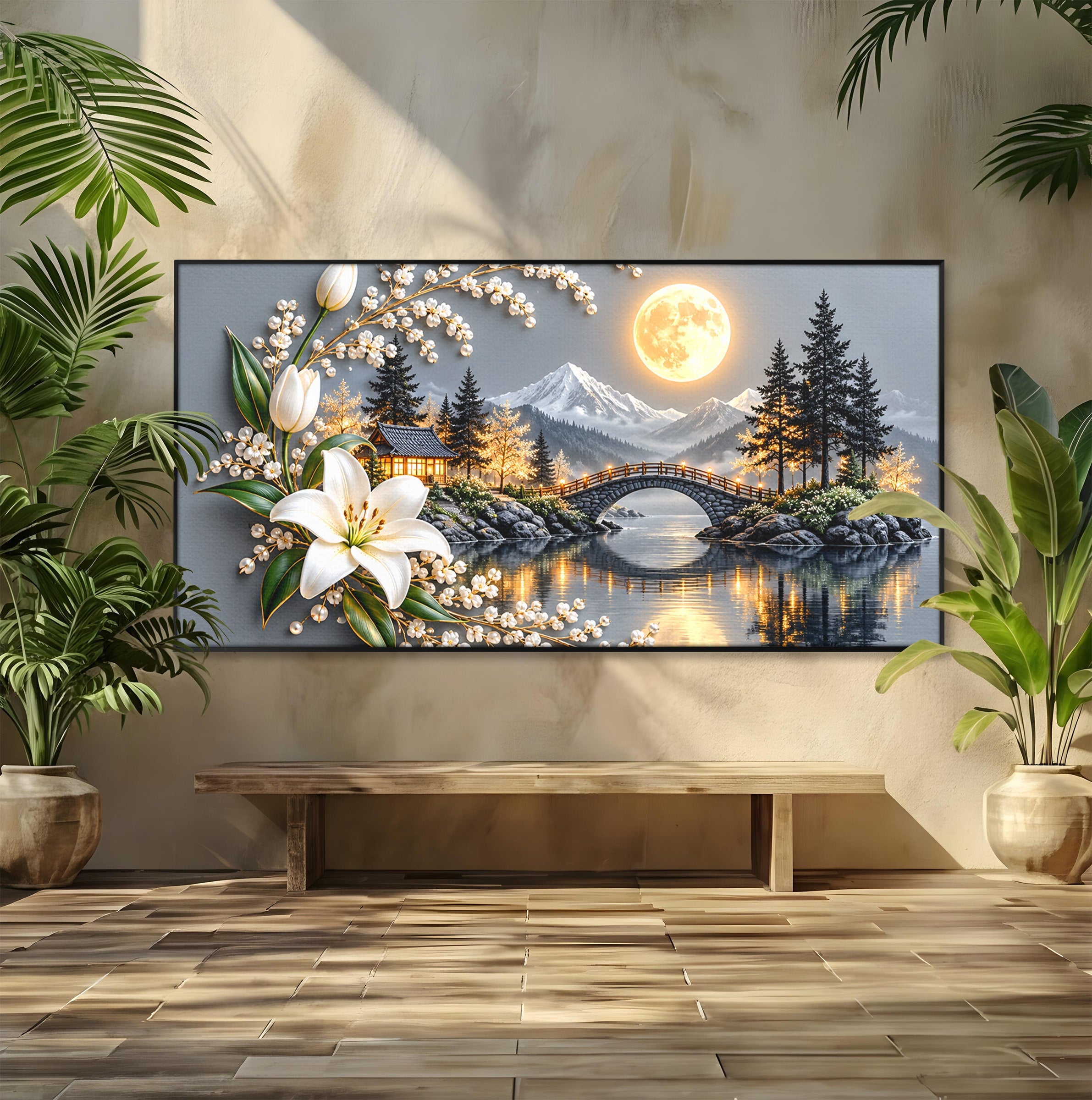 Tablou Canvas Premium LuxCanva® U1190, Luna Peste Podul Montan, Luna, Pod, Flori, Peisaj, Living, Natura, Culori Vibrante