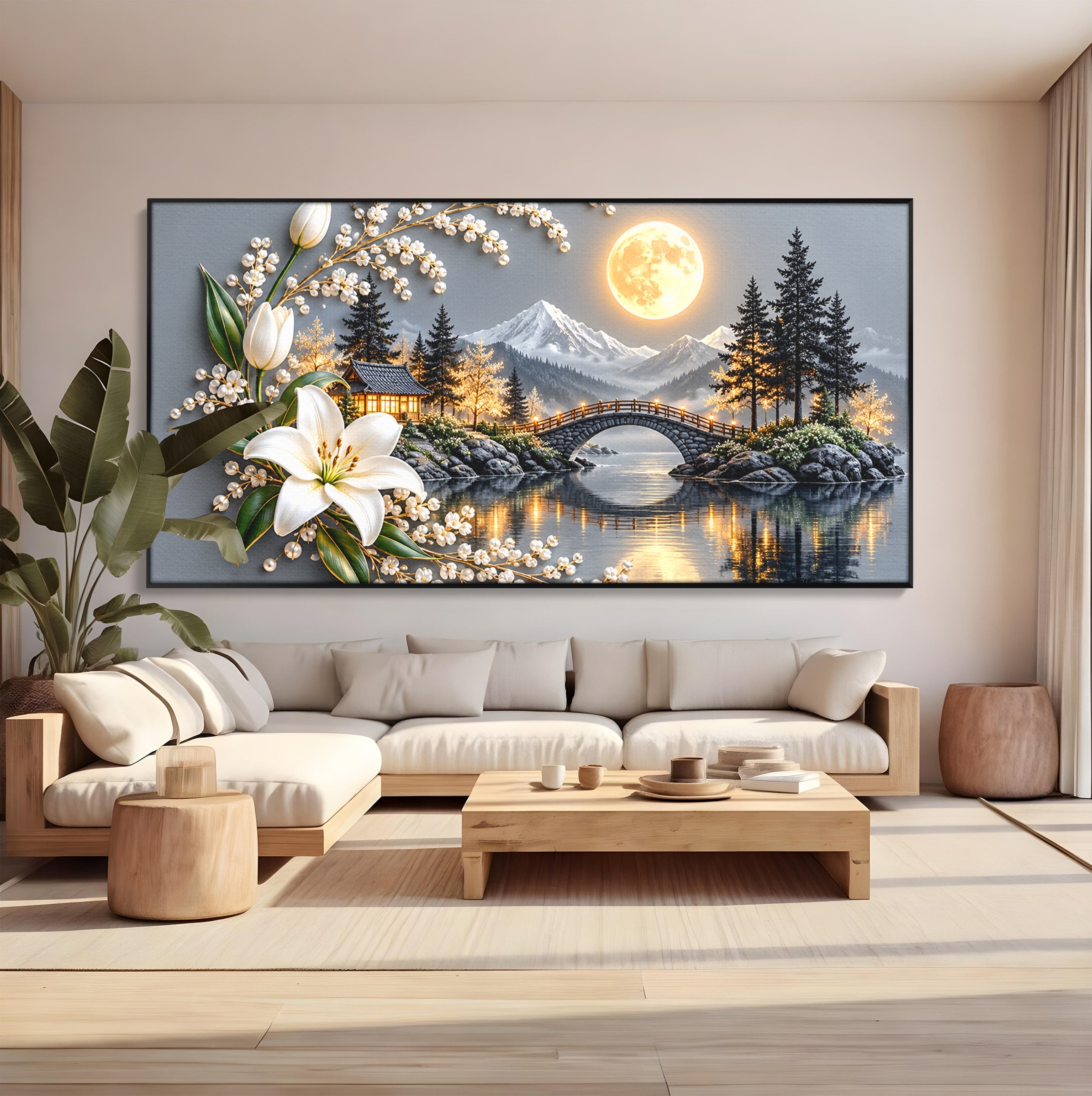 Tablou Canvas Premium LuxCanva® U1190, Luna Peste Podul Montan, Luna, Pod, Flori, Peisaj, Living, Natura, Culori Vibrante