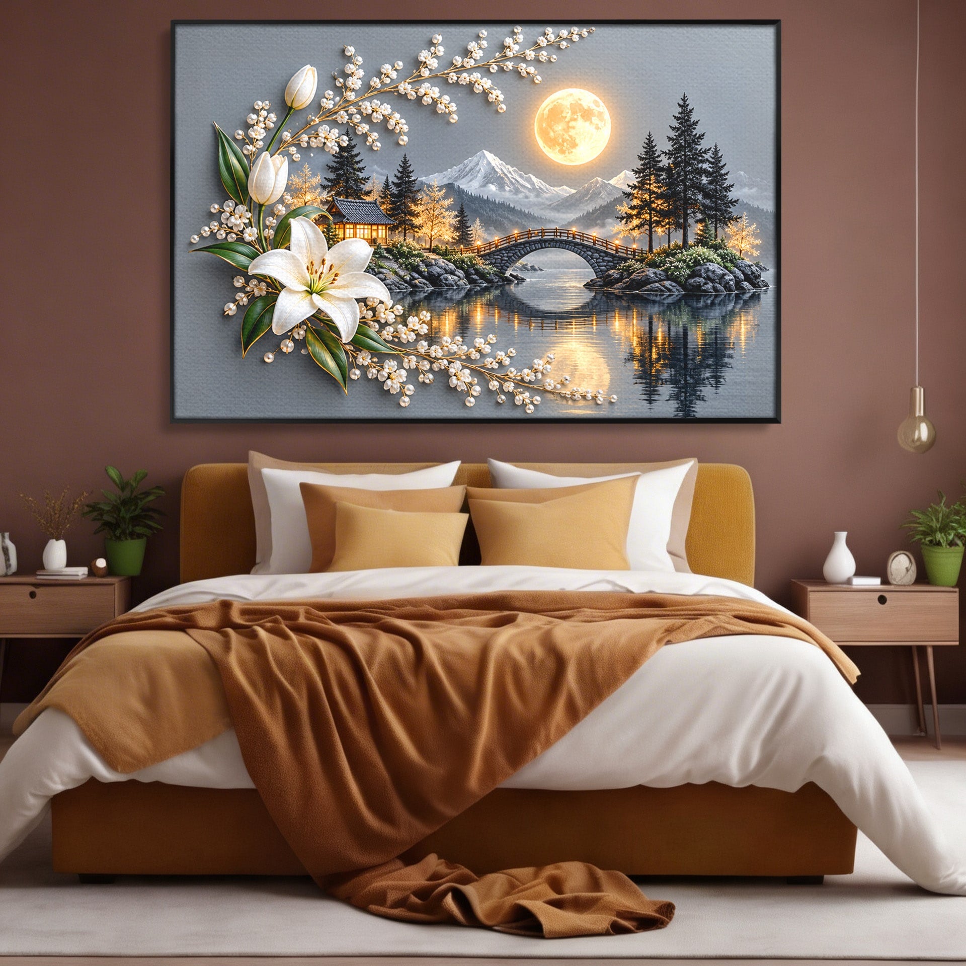 Tablou Canvas Premium LuxCanva® U1190, Luna Peste Podul Montan, Luna, Pod, Flori, Peisaj, Living, Natura, Culori Vibrante