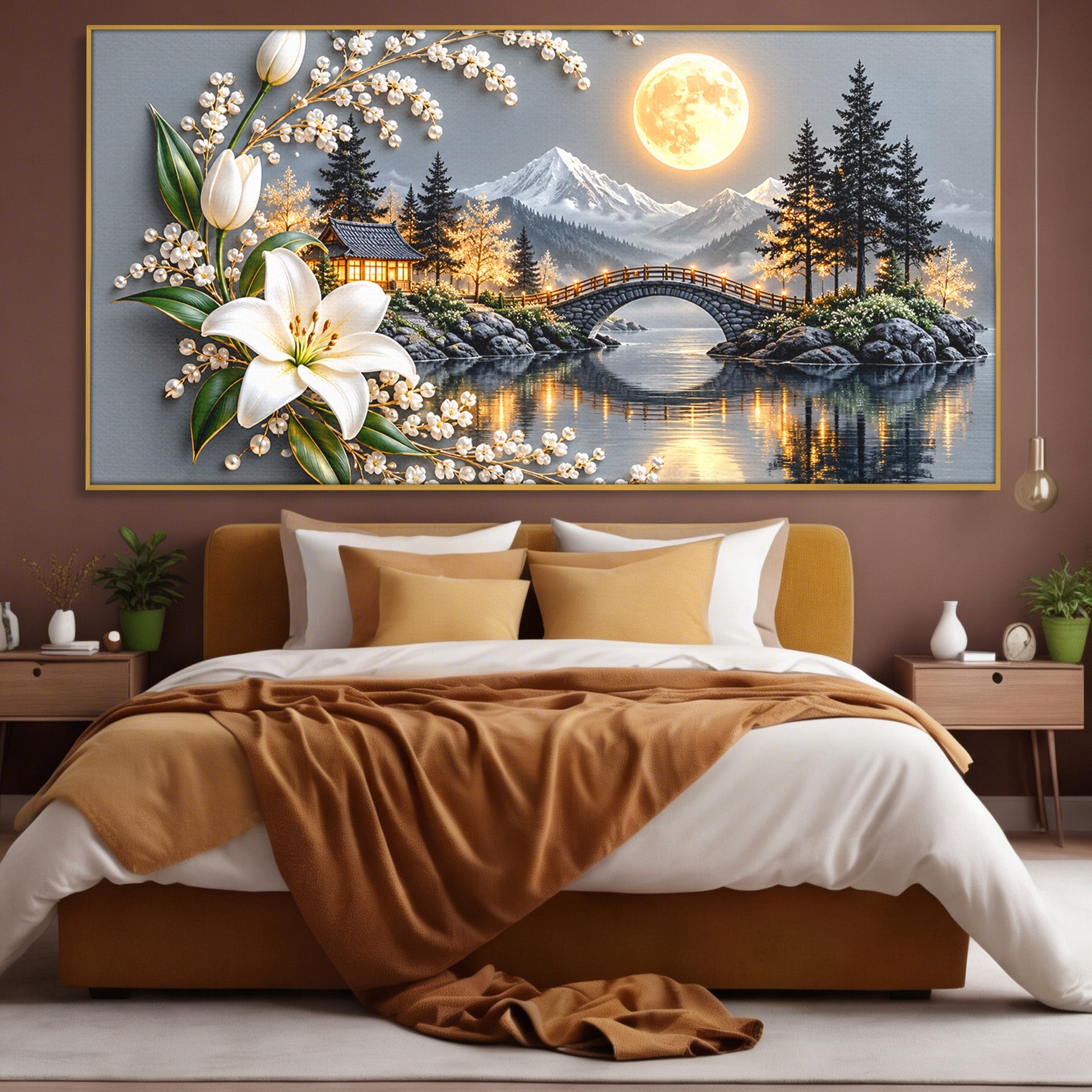 Tablou Canvas Premium LuxCanva® U1190, Luna Peste Podul Montan, Luna, Pod, Flori, Peisaj, Living, Natura, Culori Vibrante
