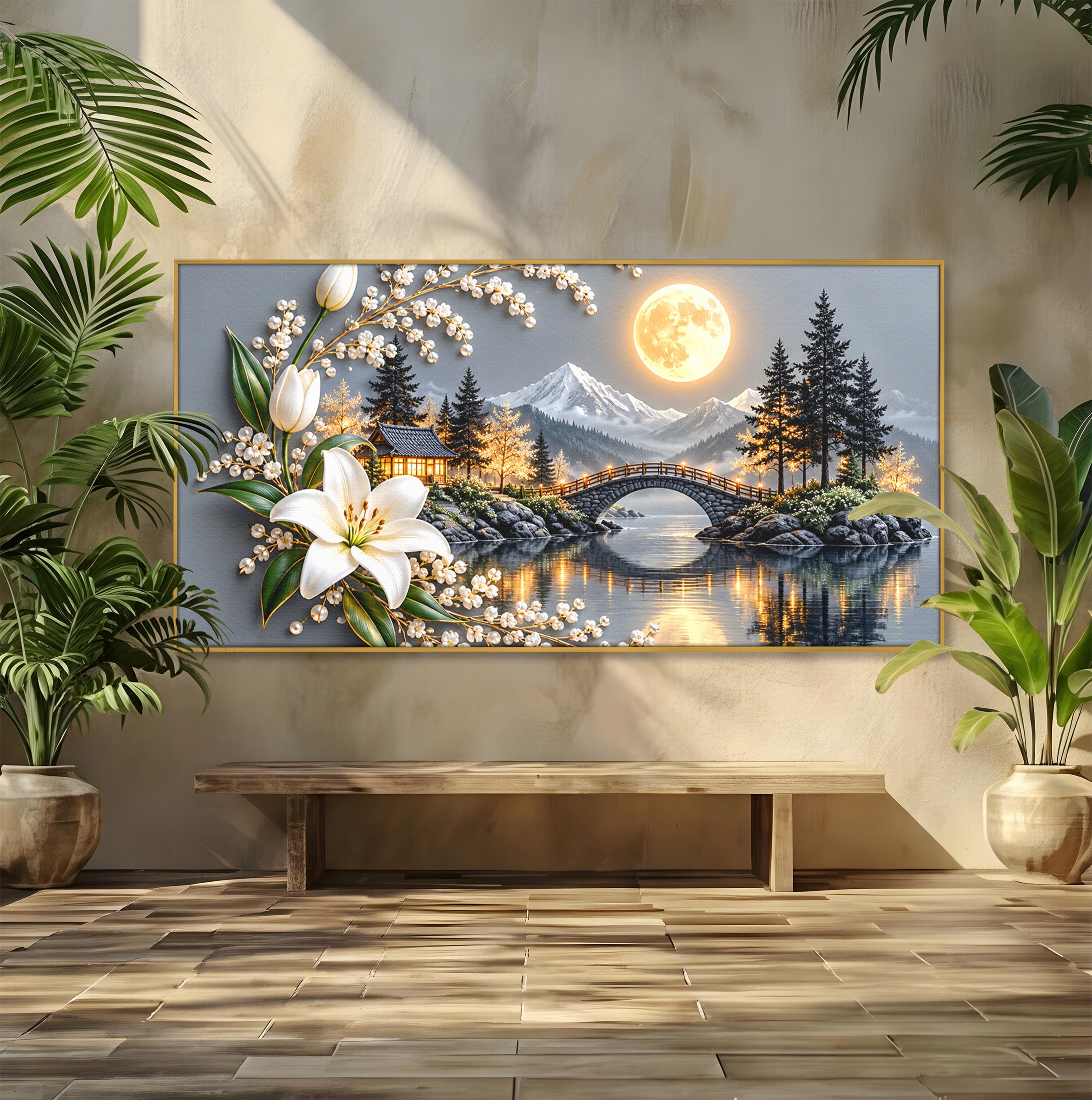 Tablou Canvas Premium LuxCanva® U1190, Luna Peste Podul Montan, Luna, Pod, Flori, Peisaj, Living, Natura, Culori Vibrante